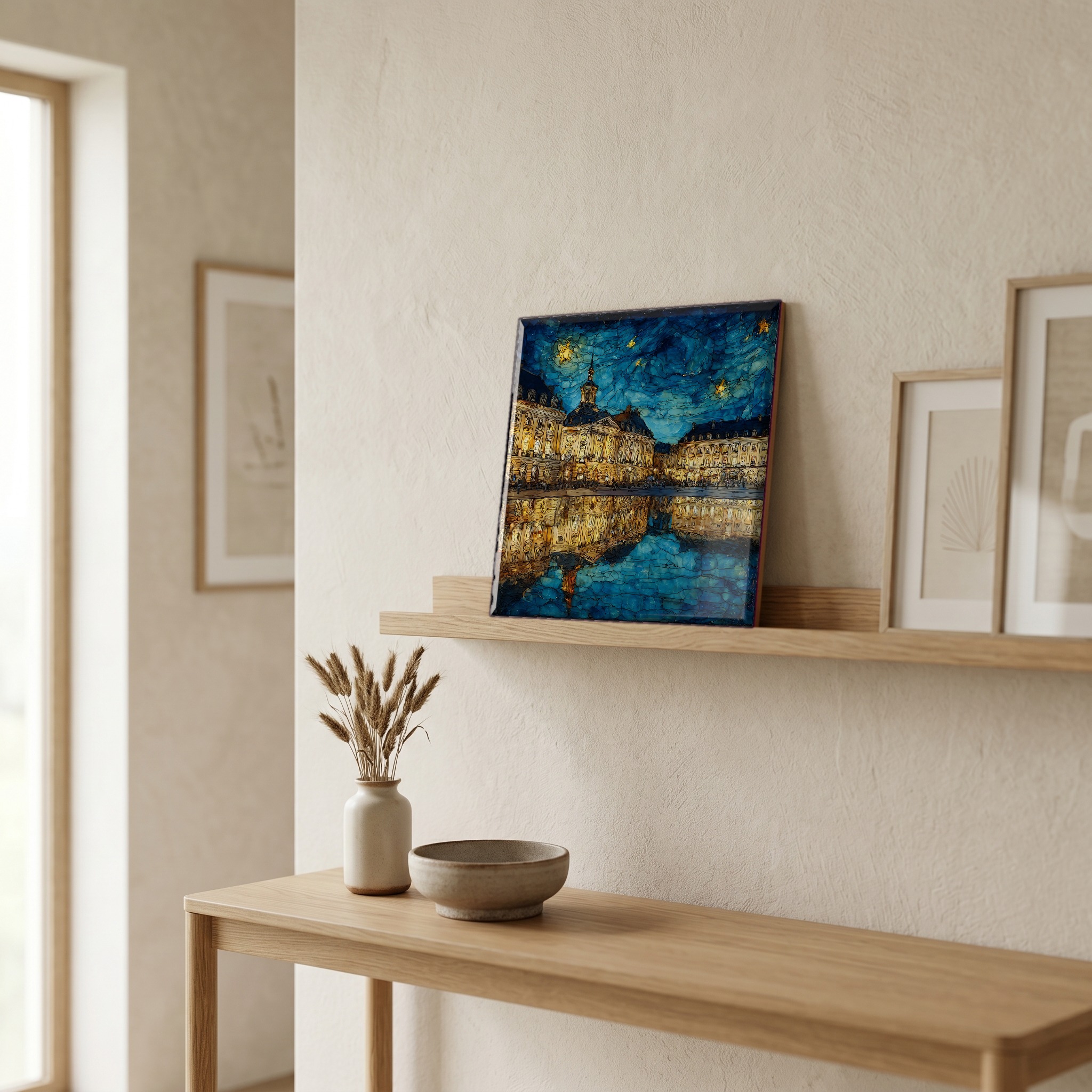 On a picture ledge, where the light comes in.