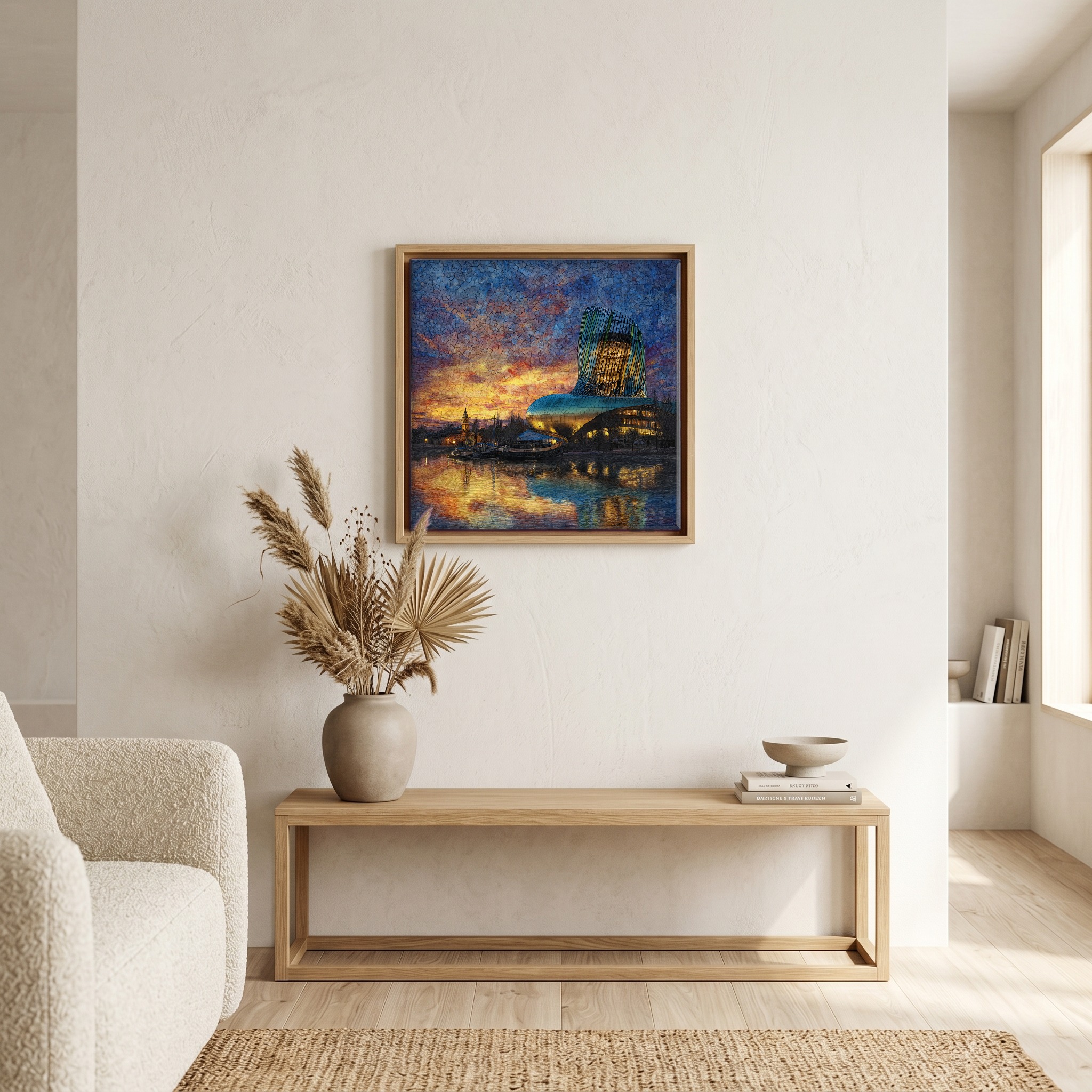 Above the bench, in a warm oak surround.
