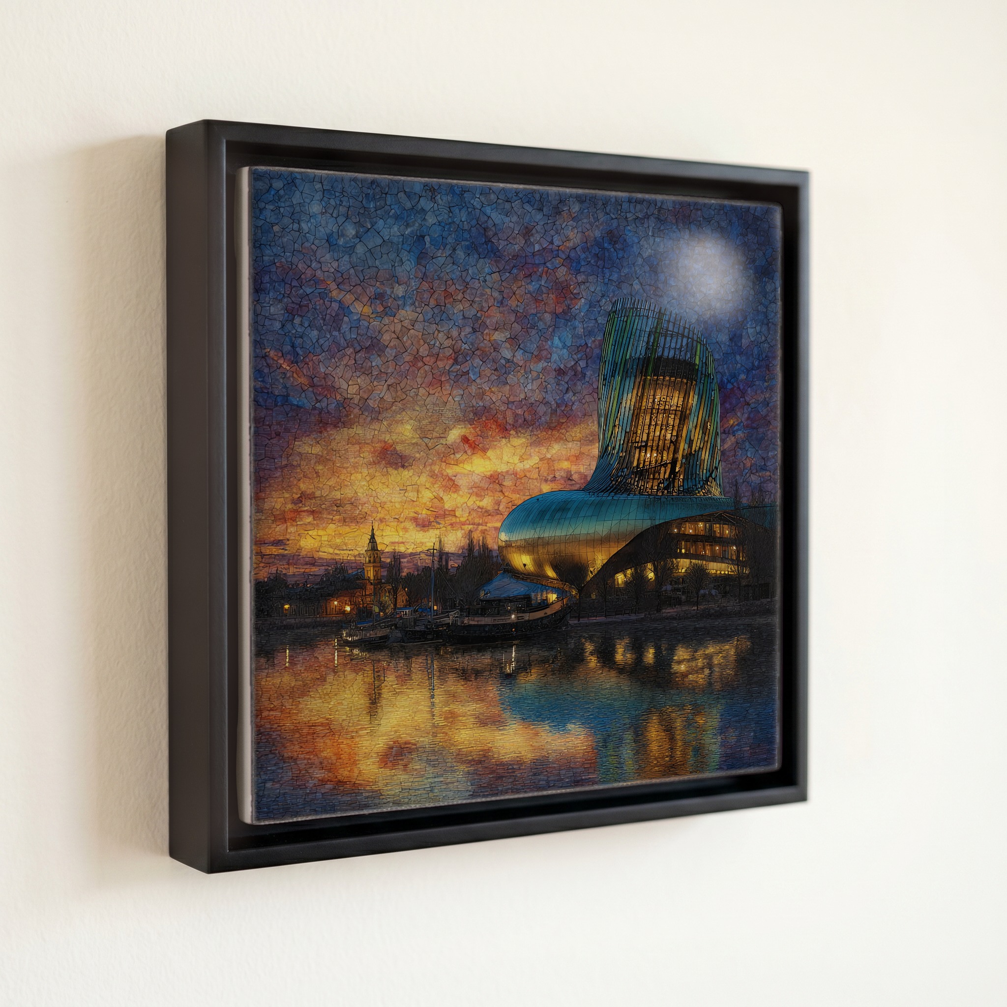 shown in a slim black floating frame · 6 × 6 in