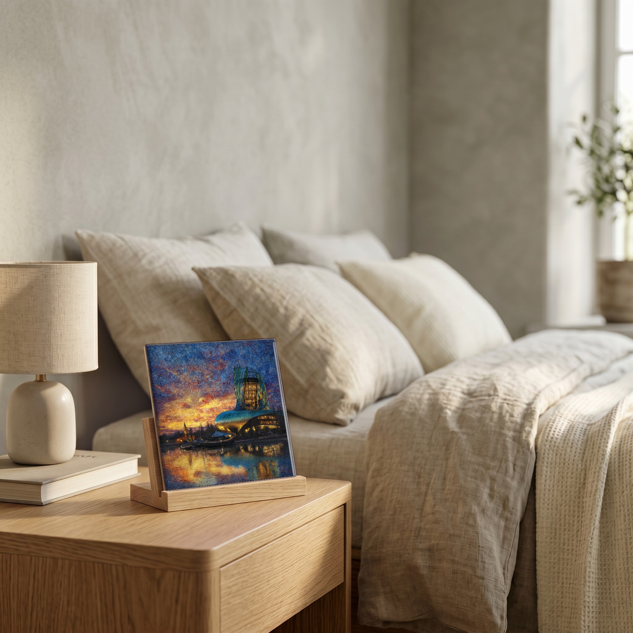On the nightstand, on a light oak stand.