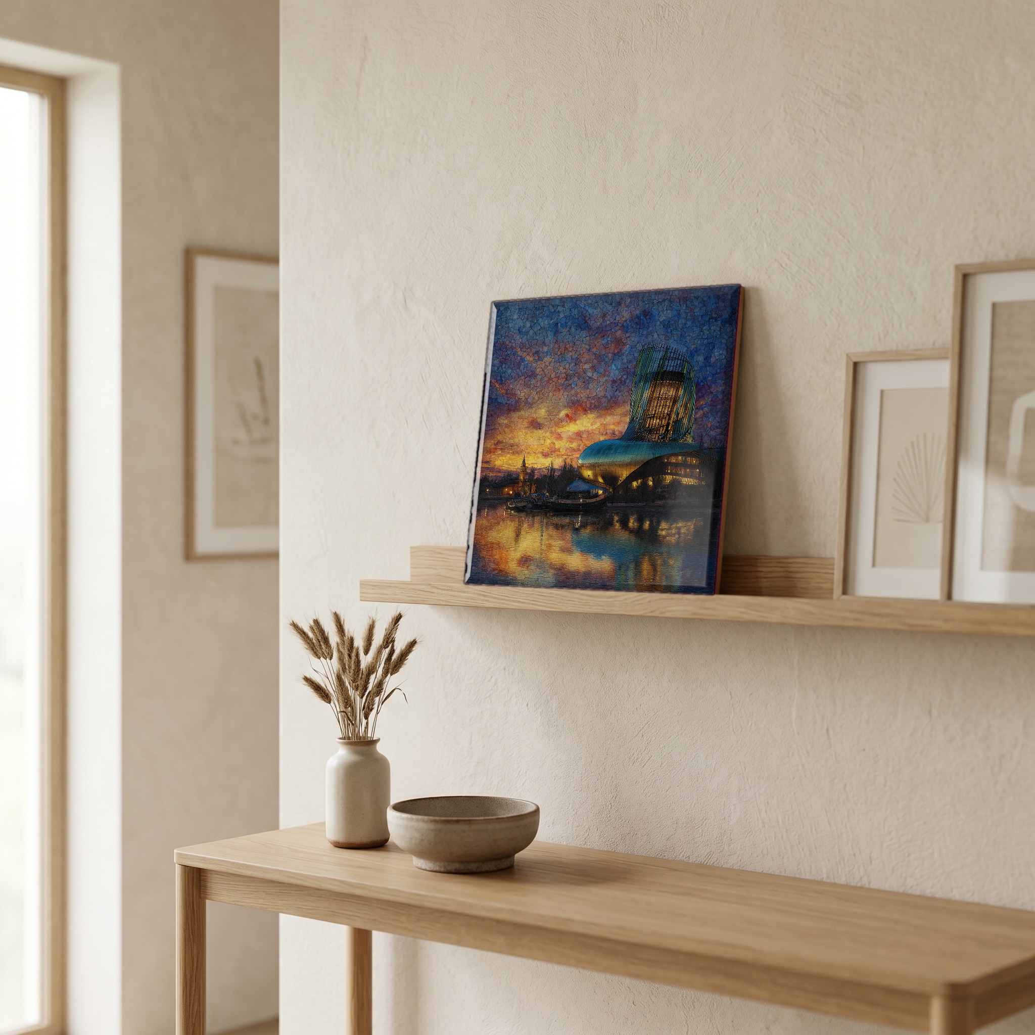 On a picture ledge, where the light comes in.