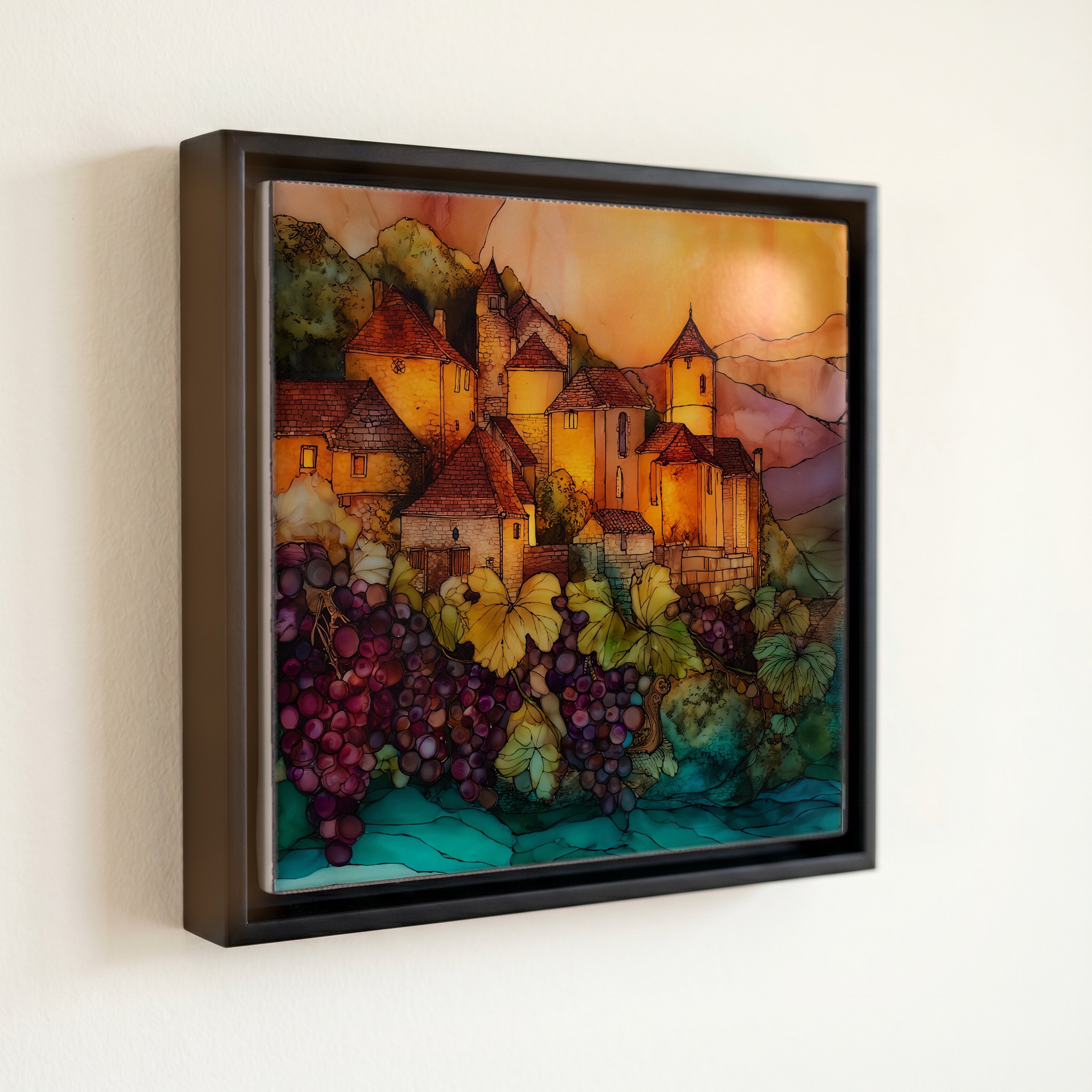 shown in a slim black floating frame · 6 × 6 in