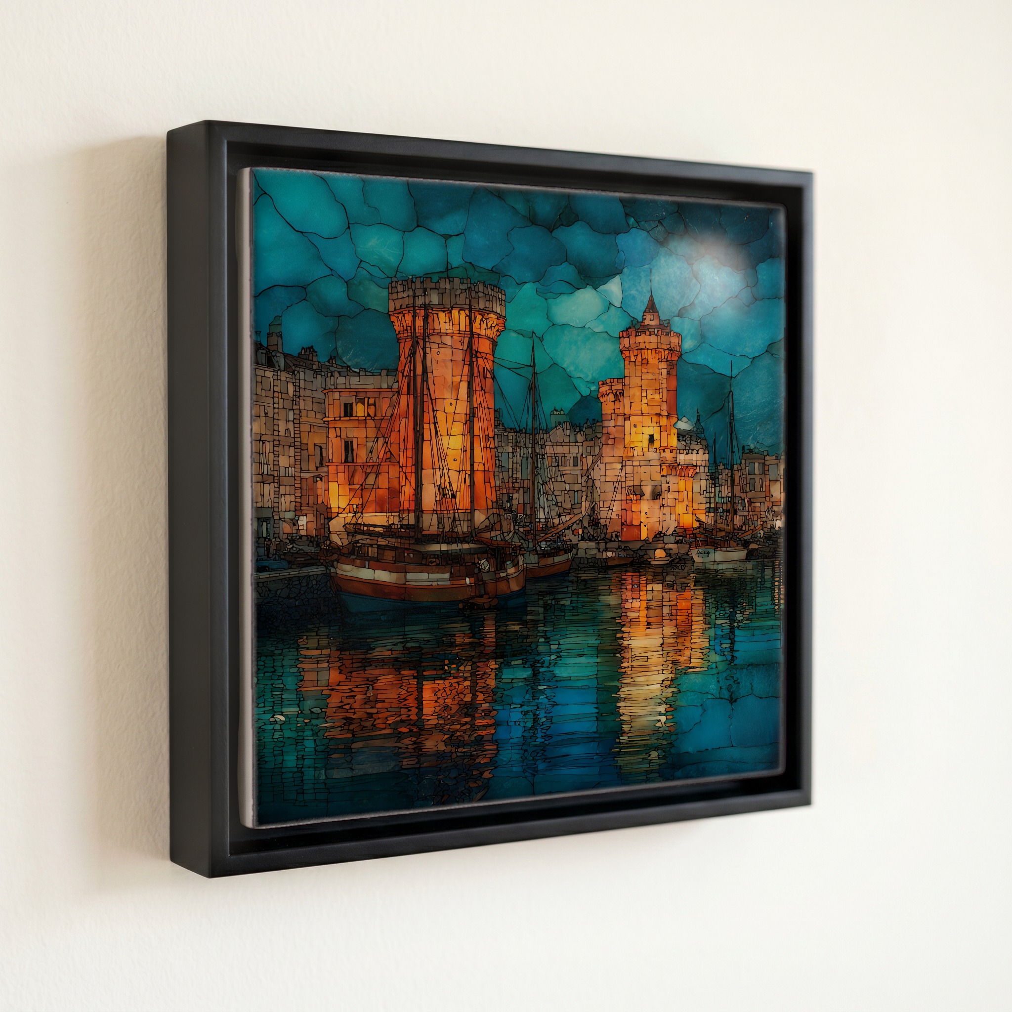 shown in a slim black floating frame · 6 × 6 in