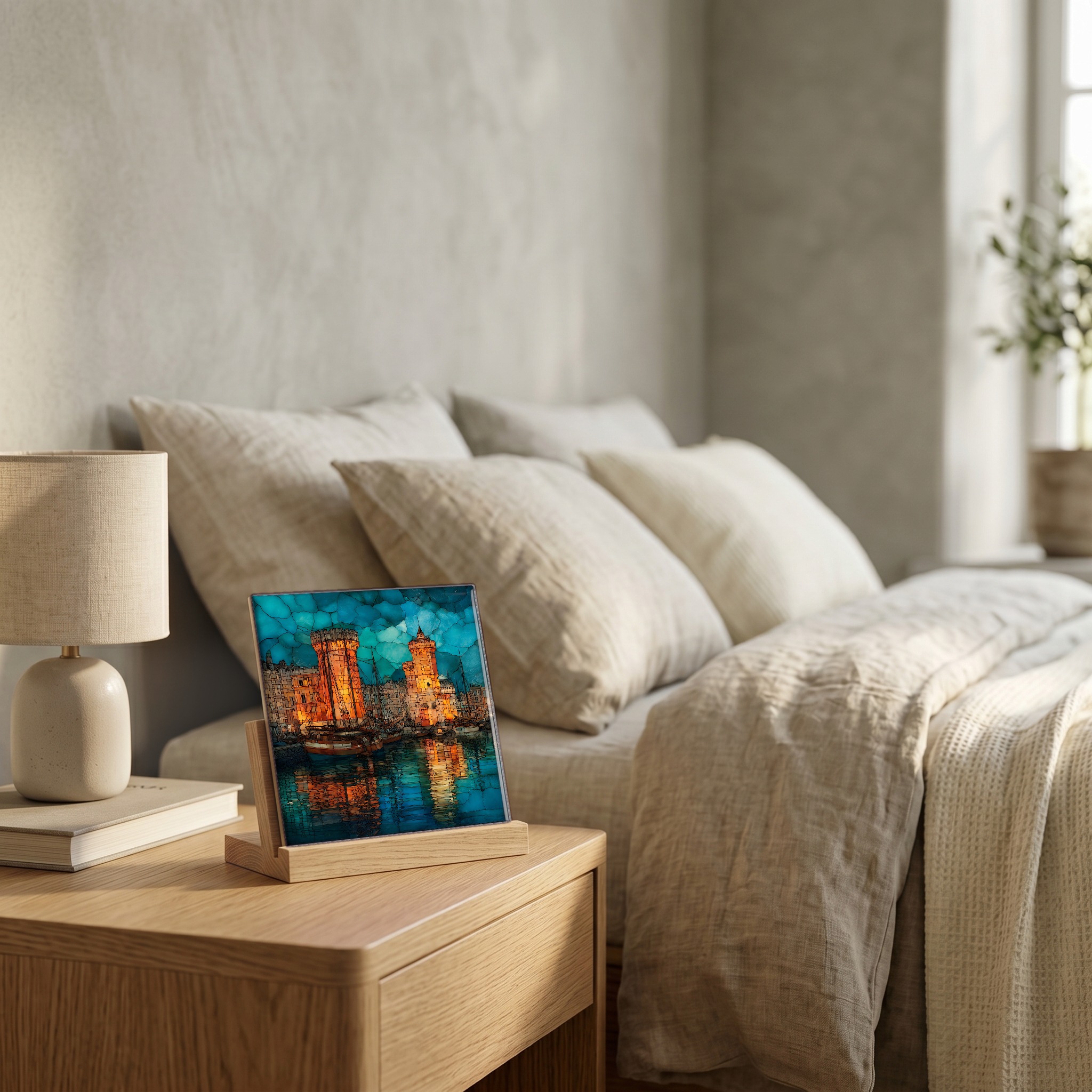 On the nightstand, on a light oak stand.