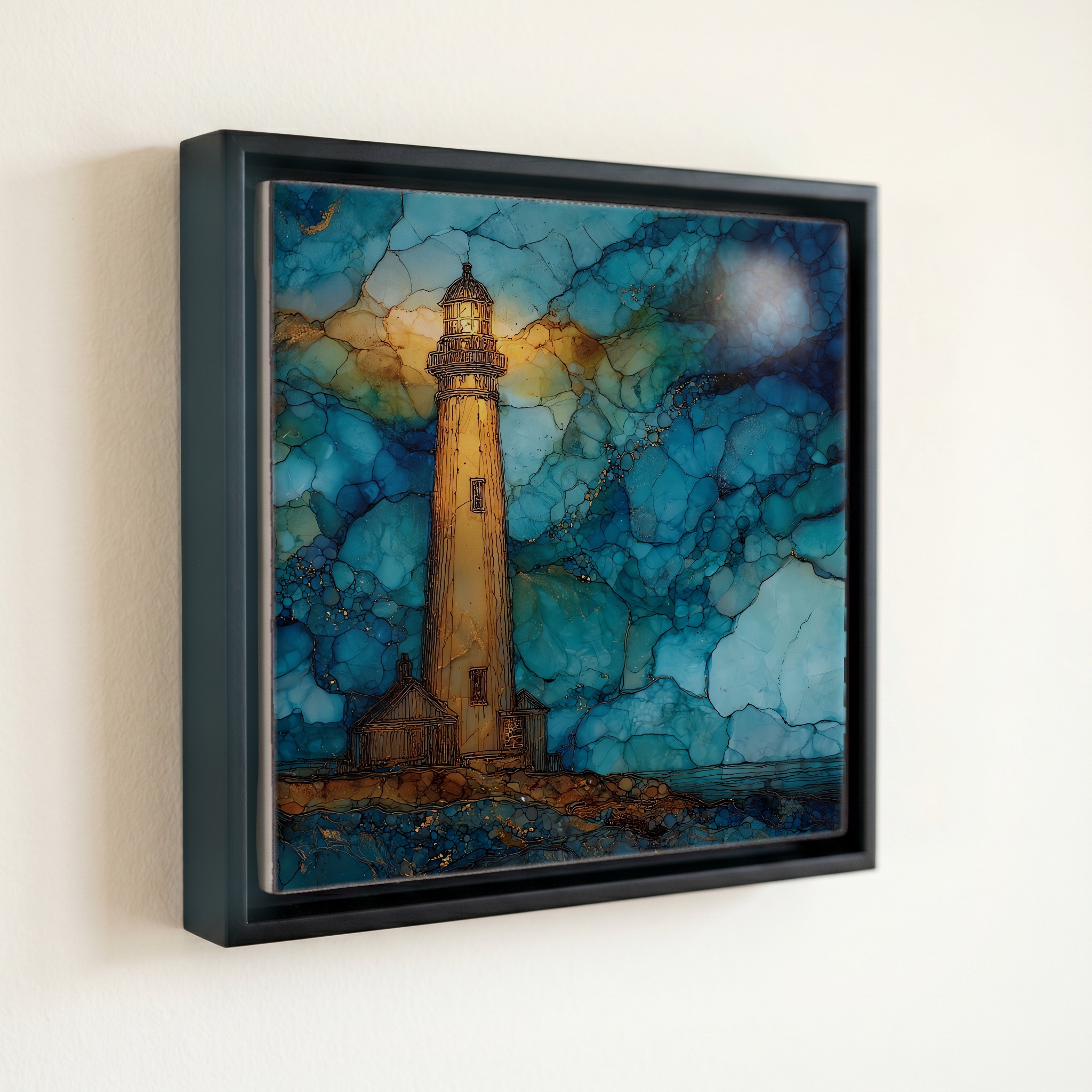 shown in a slim black floating frame · 6 × 6 in