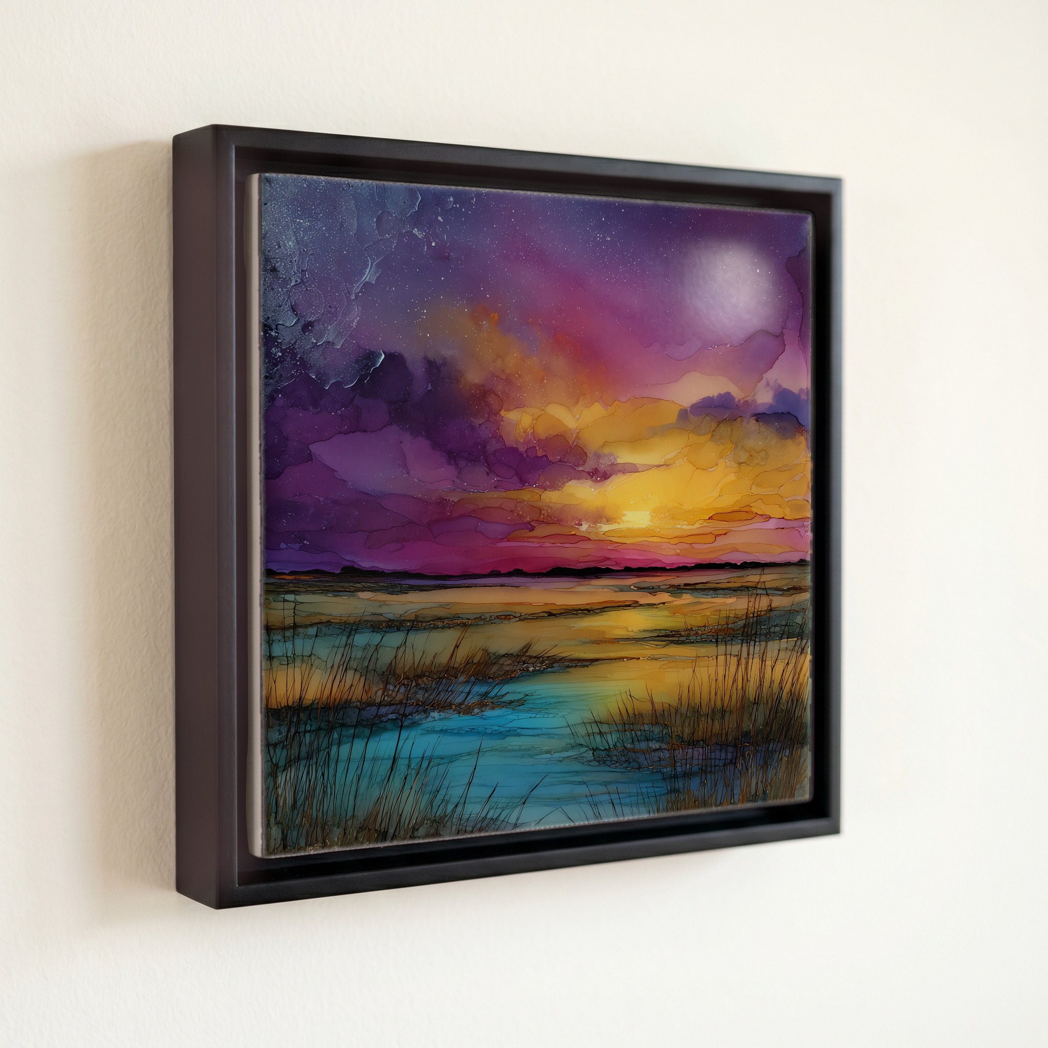 shown in a slim black floating frame · 6 × 6 in