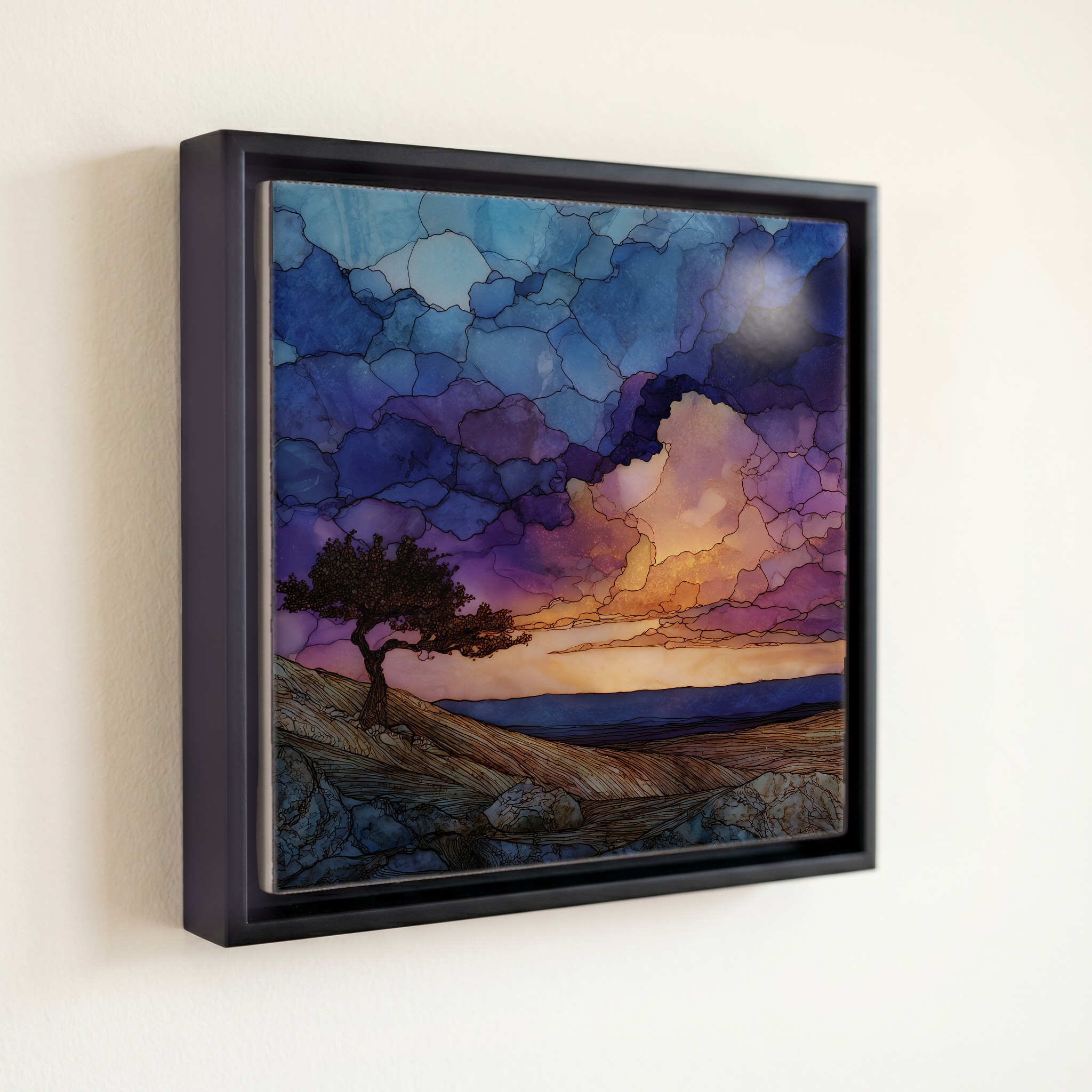 shown in a slim black floating frame · 6 × 6 in