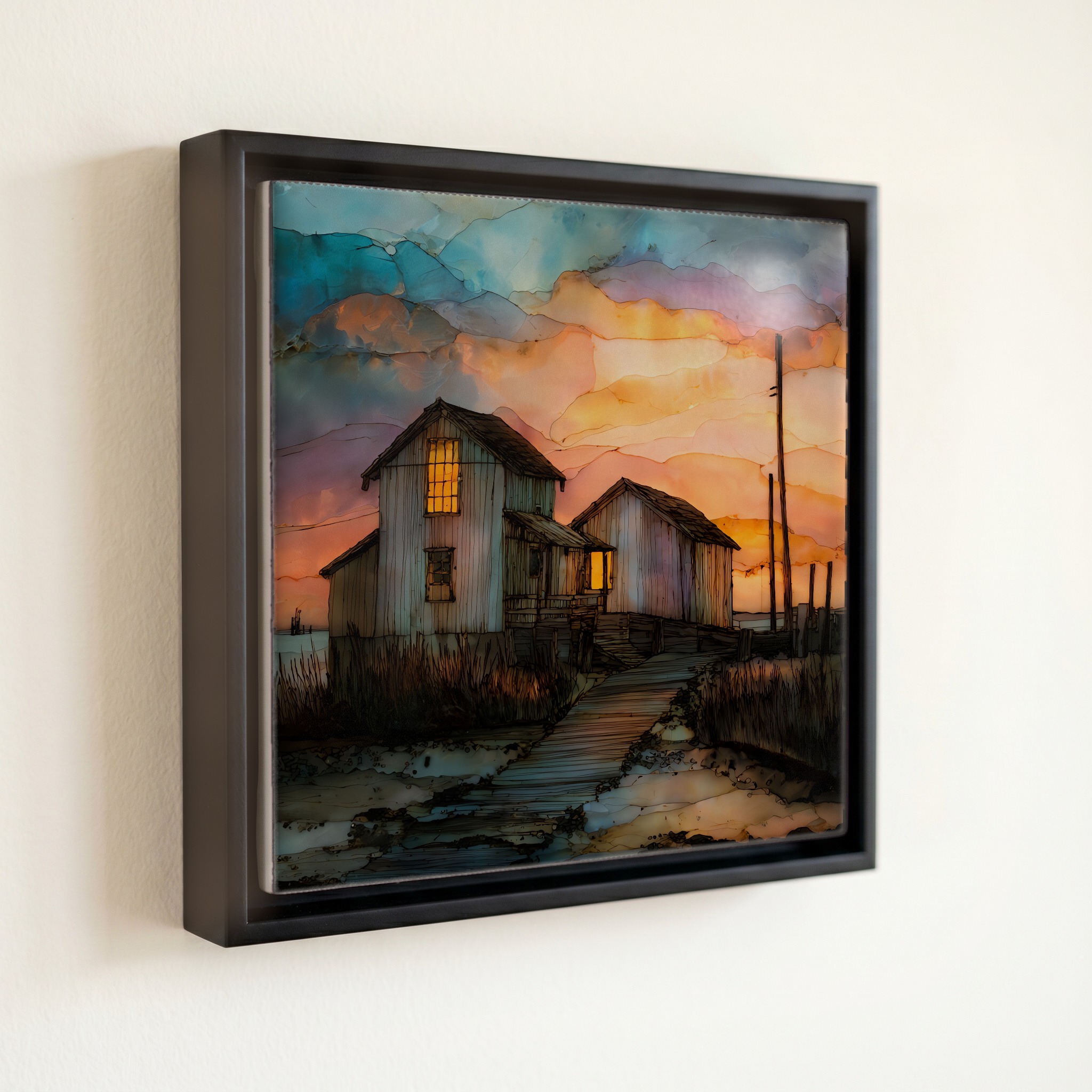 shown in a slim black floating frame · 6 × 6 in