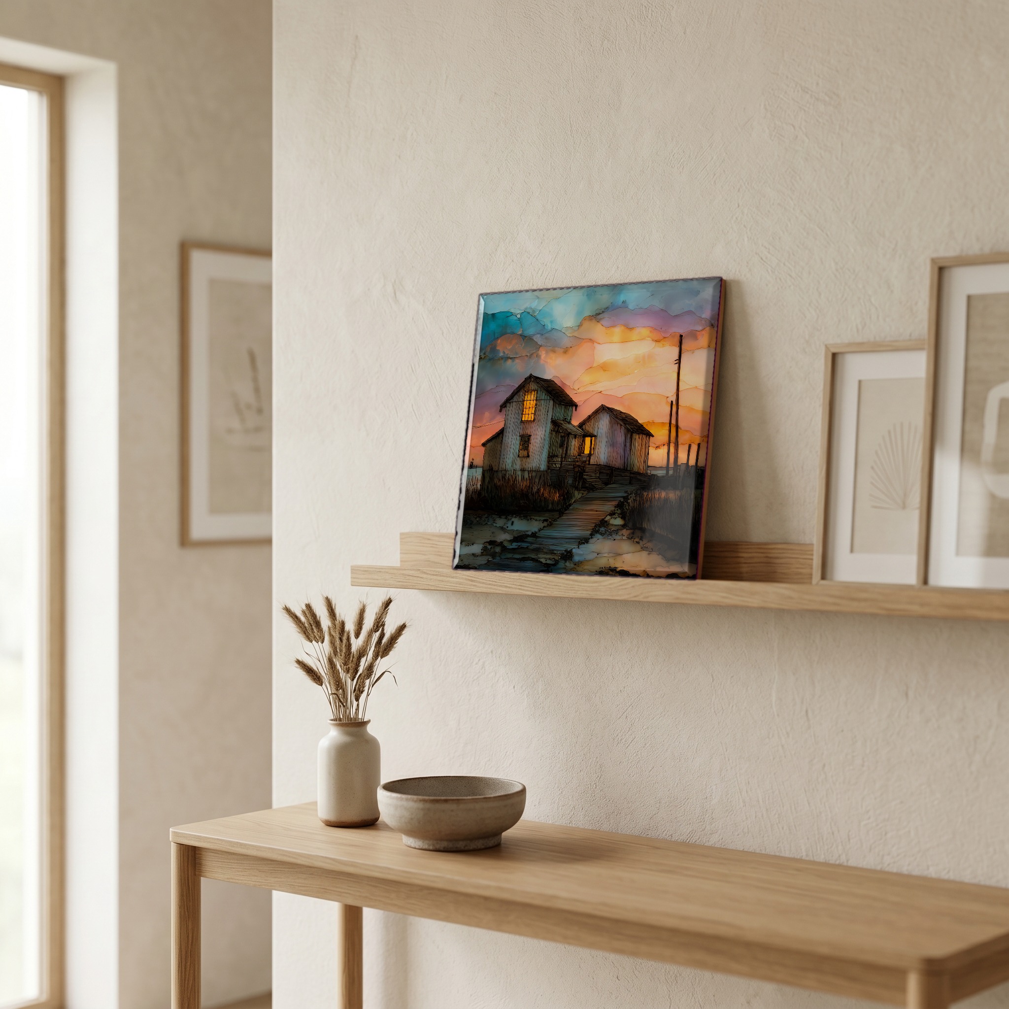 On a picture ledge, where the light comes in.