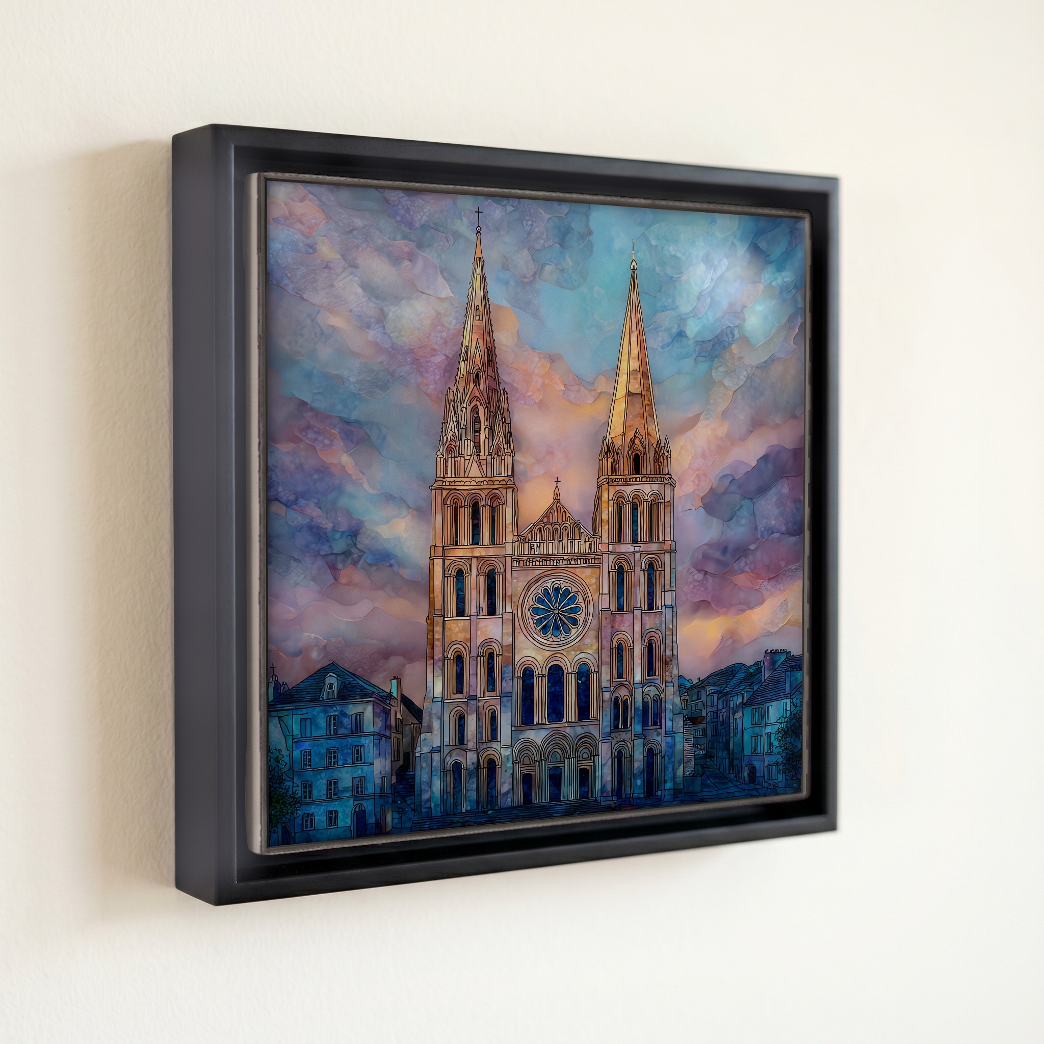 shown in a slim black floating frame · 6 × 6 in