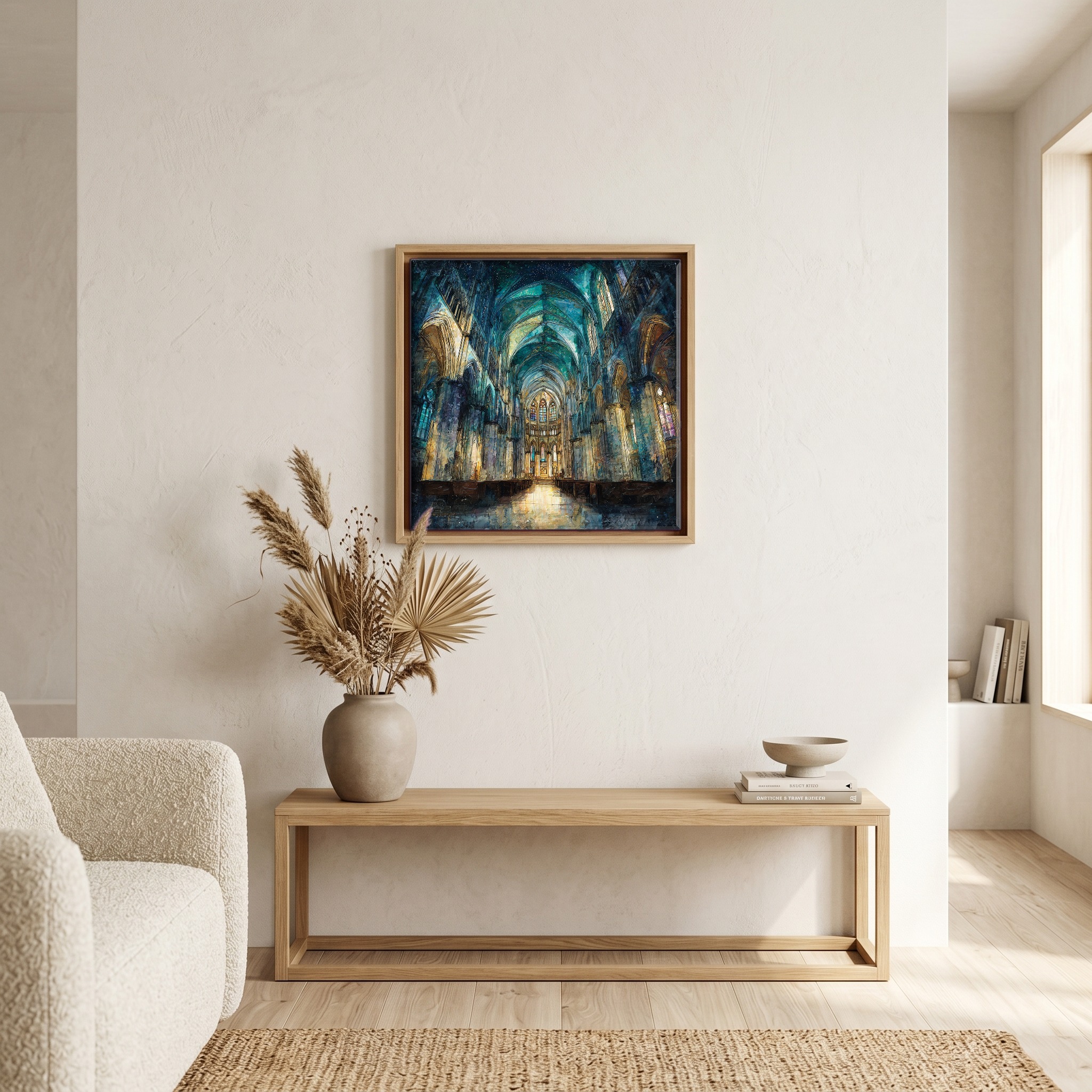 Above the bench, in a warm oak surround.
