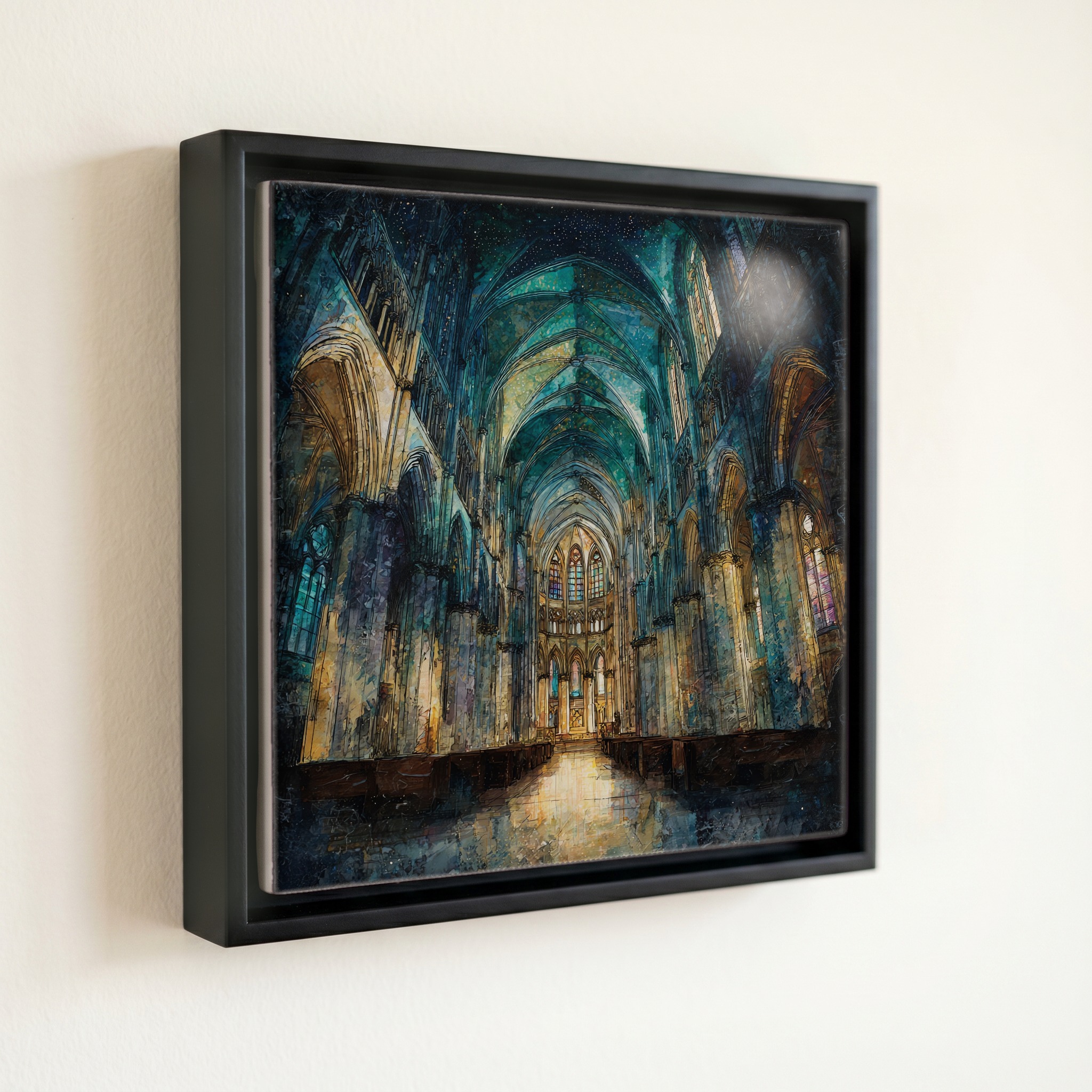 shown in a slim black floating frame · 6 × 6 in
