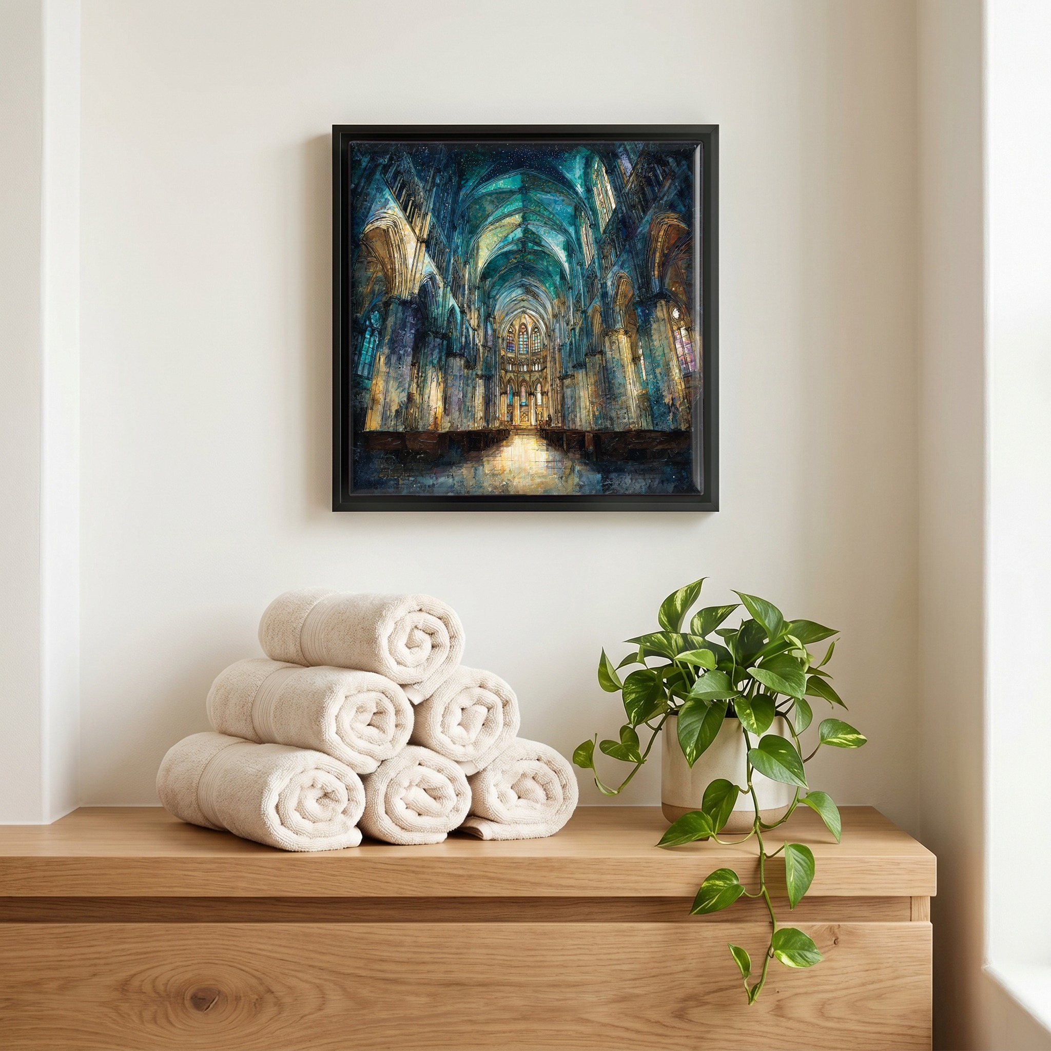 Above the linens, in a slim black surround.