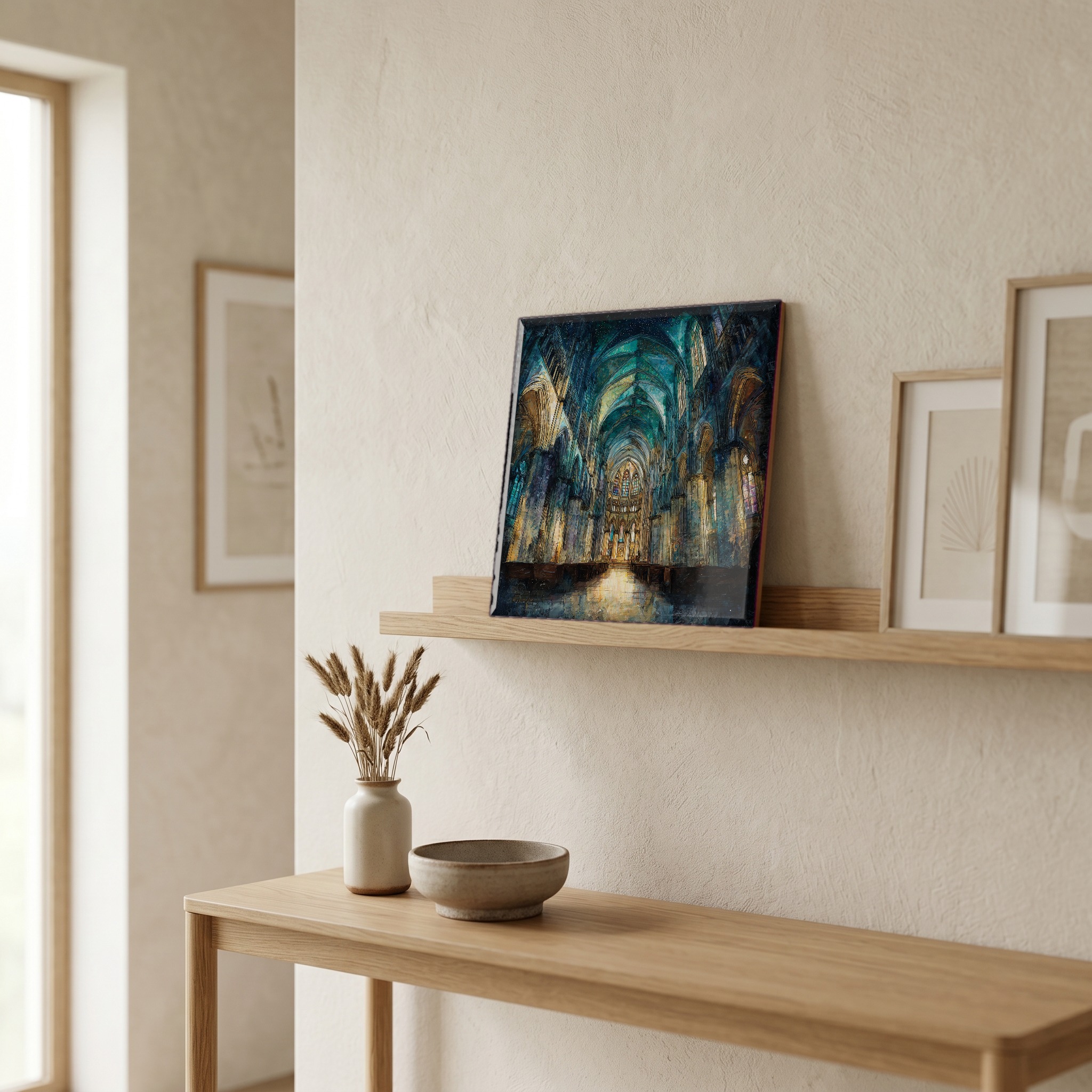 On a picture ledge, where the light comes in.