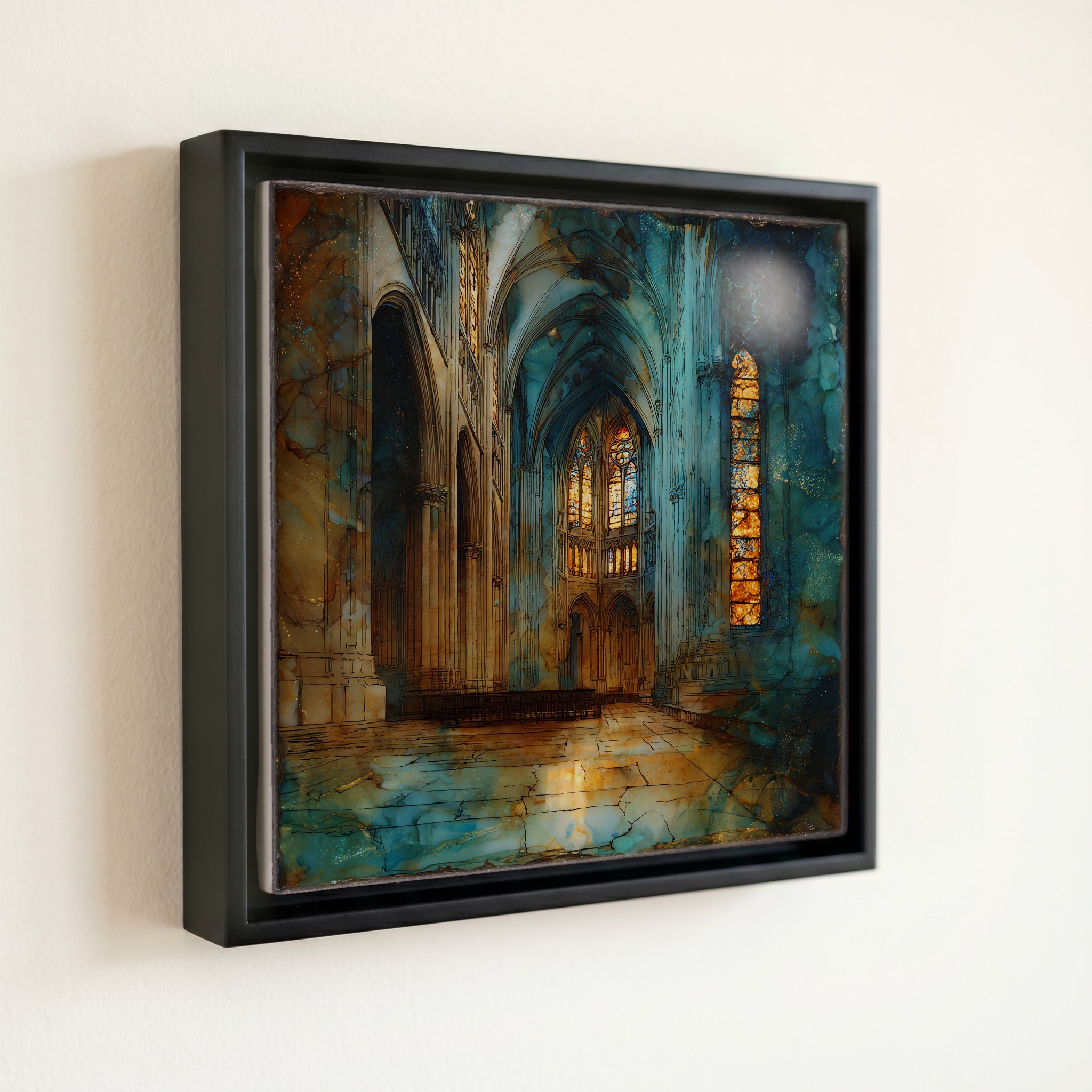 shown in a slim black floating frame · 6 × 6 in