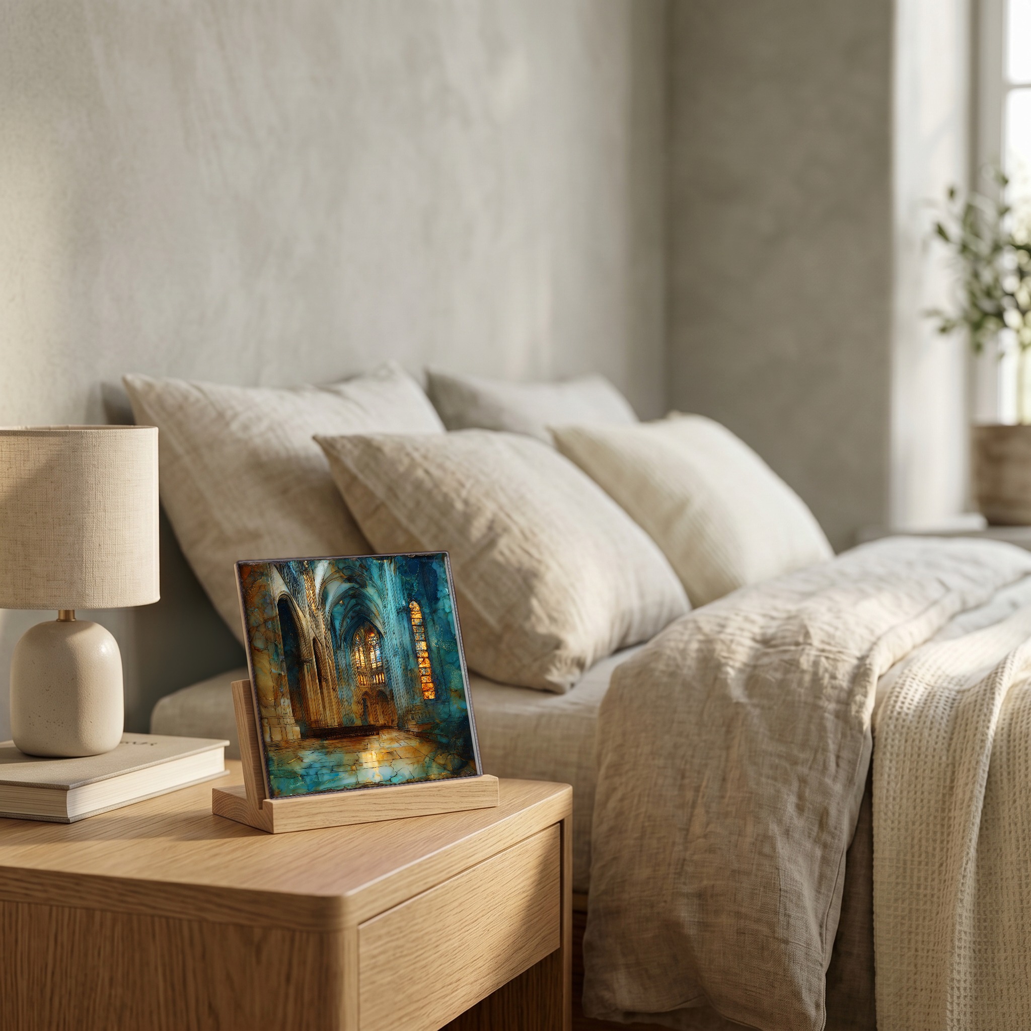 On the nightstand, on a light oak stand.