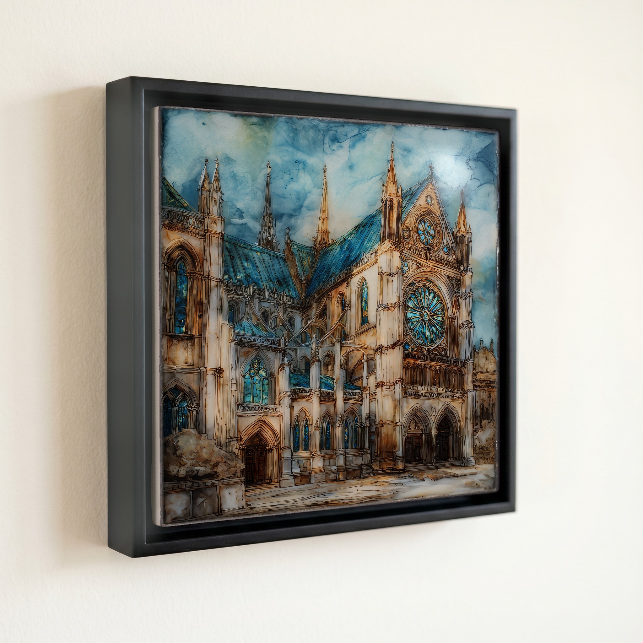 shown in a slim black floating frame · 6 × 6 in