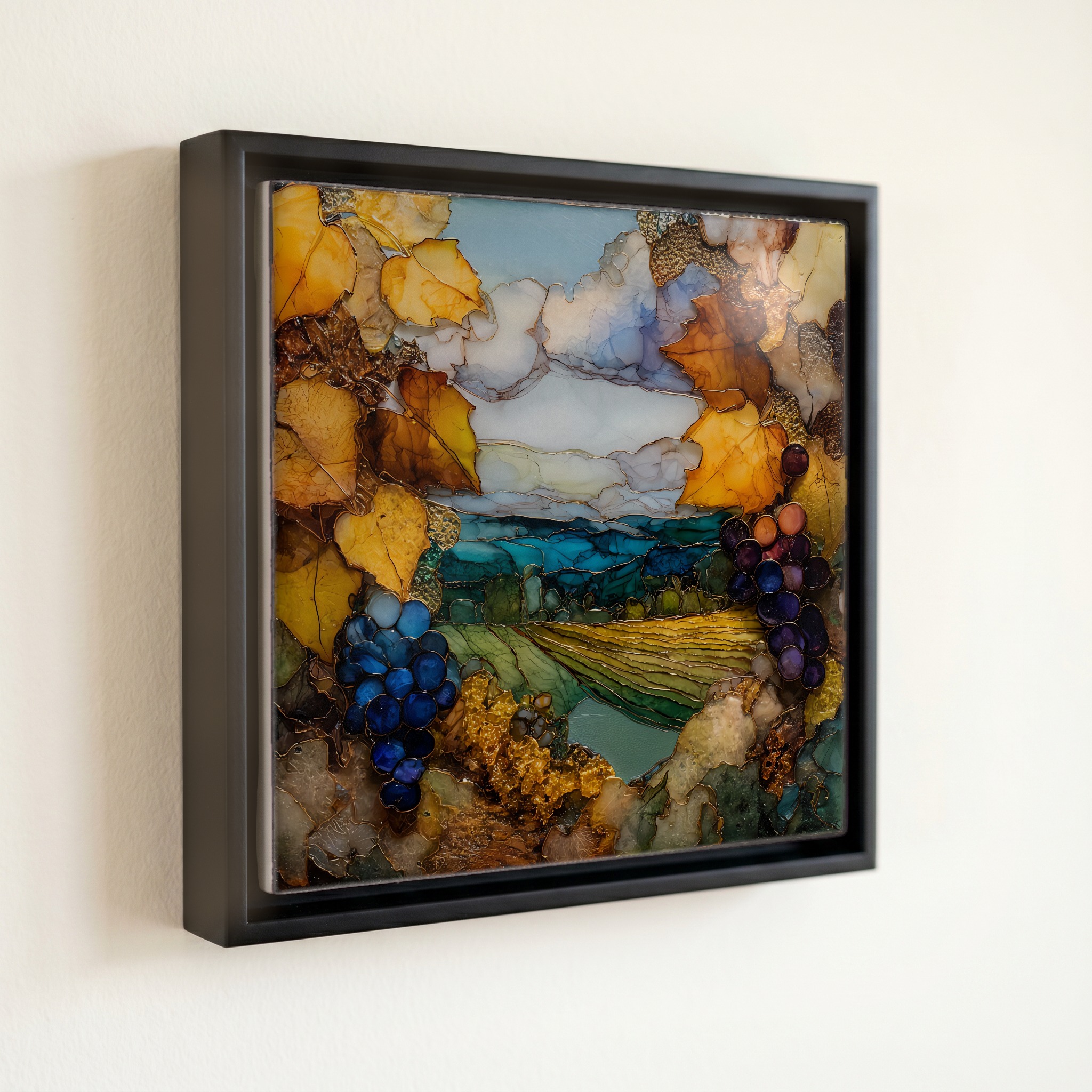 shown in a slim black floating frame · 6 × 6 in
