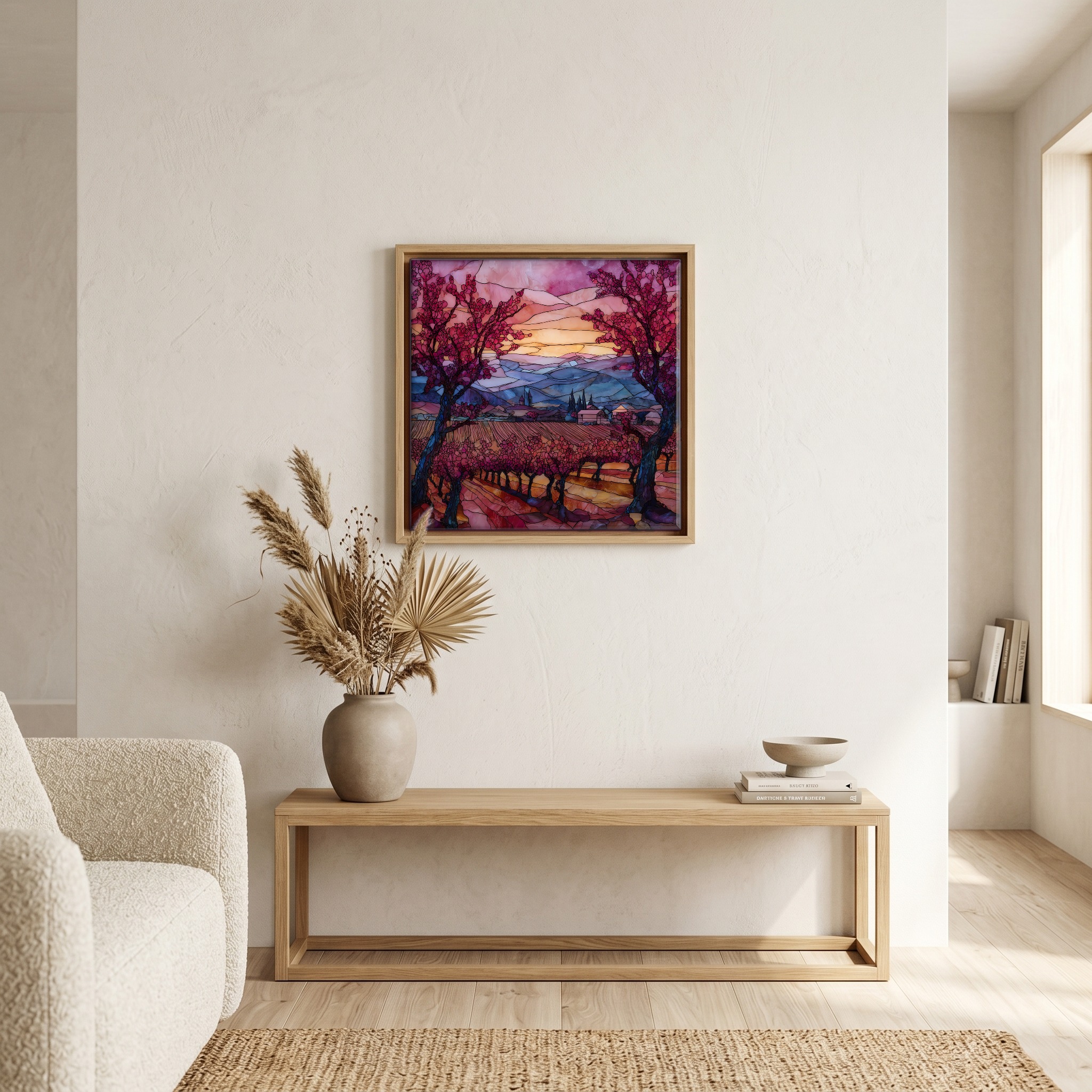 Above the bench, in a warm oak surround.