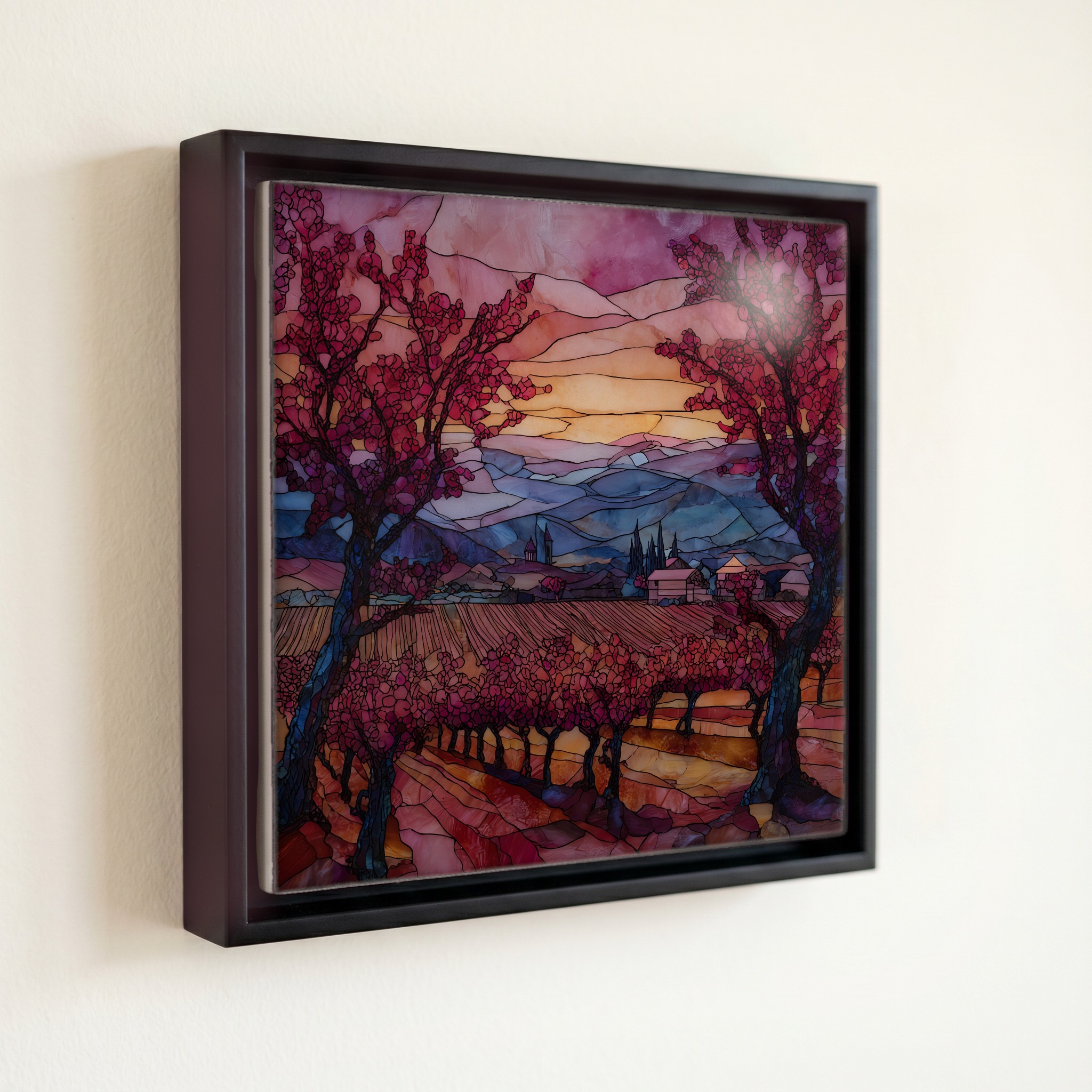 shown in a slim black floating frame · 6 × 6 in