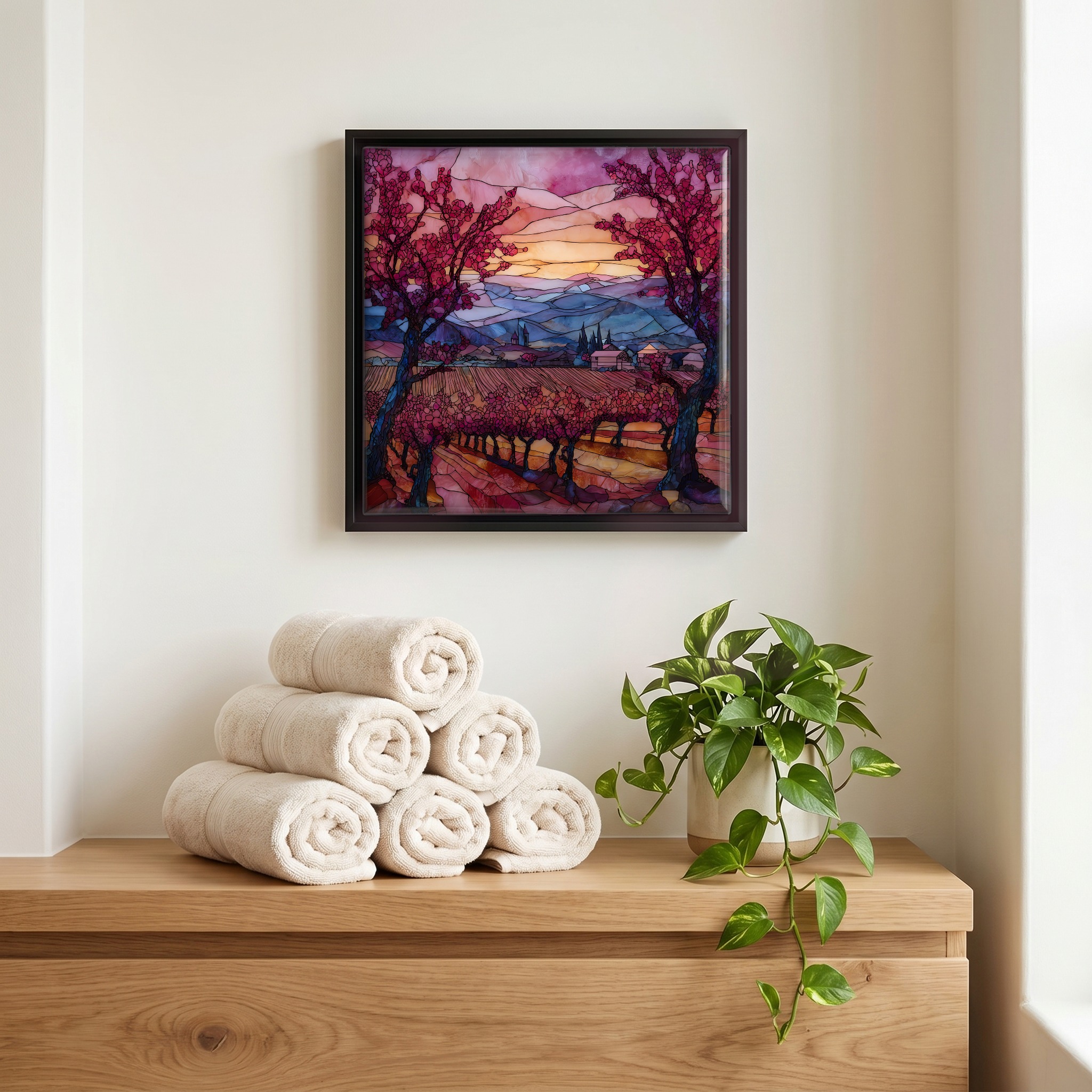 Above the linens, in a slim black surround.