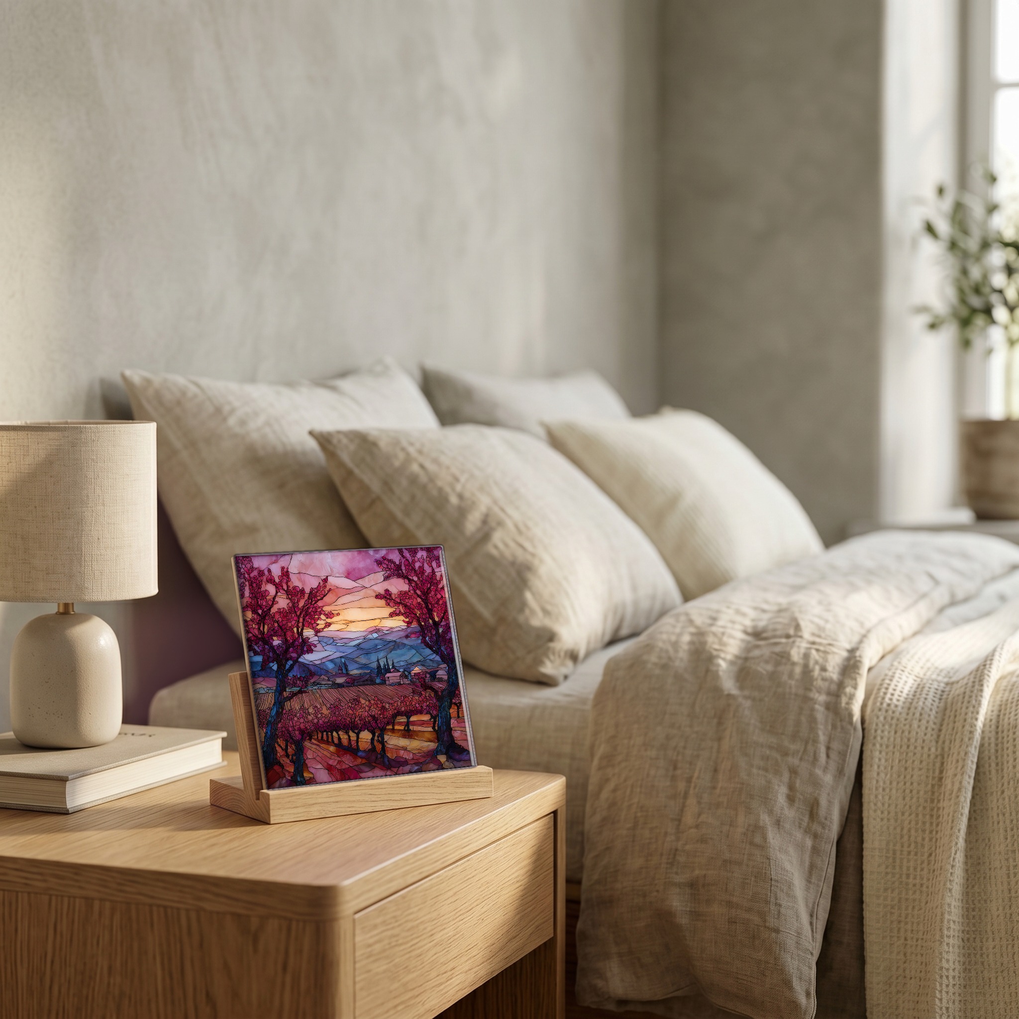 On the nightstand, on a light oak stand.