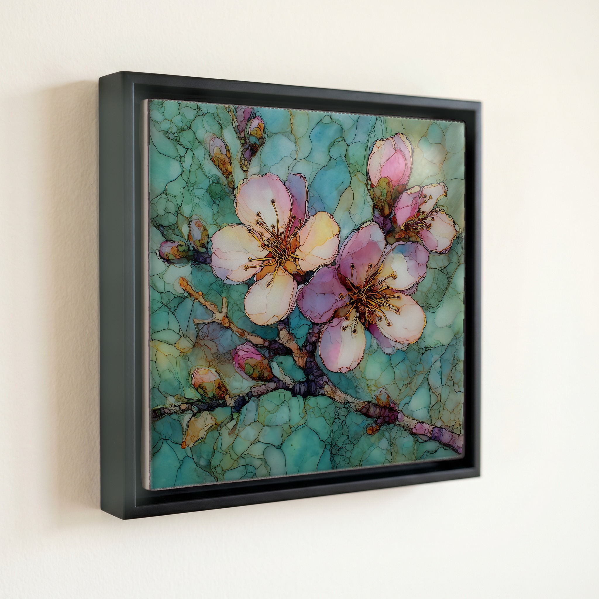 shown in a slim black floating frame · 6 × 6 in