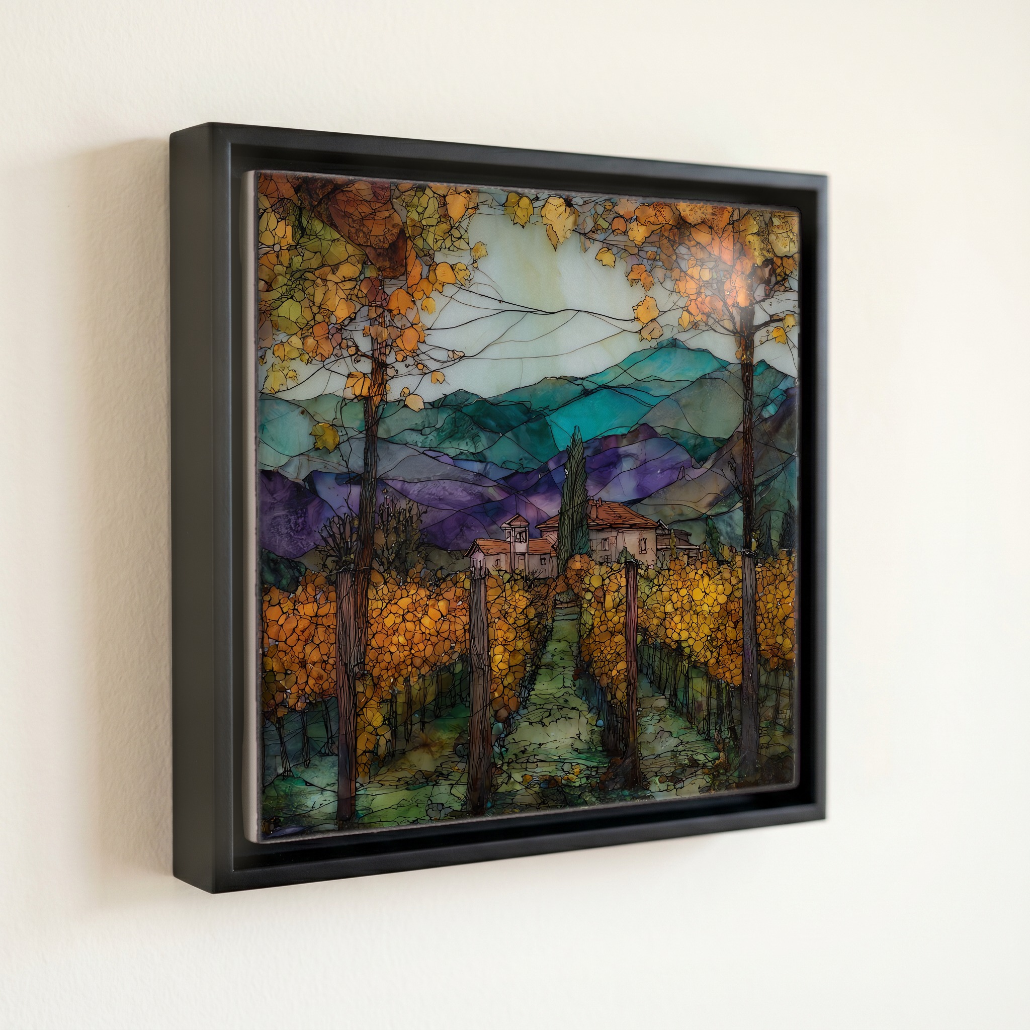 shown in a slim black floating frame · 6 × 6 in