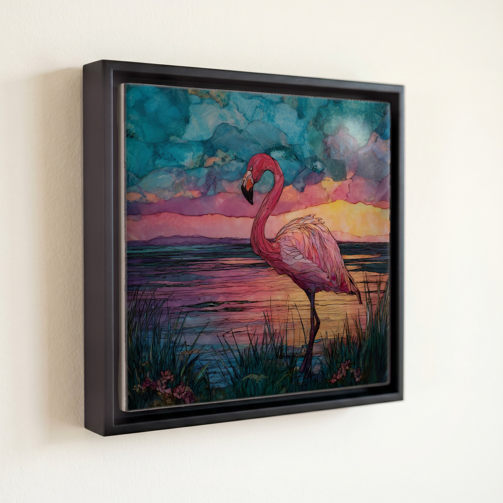 shown in a slim black floating frame · 6 × 6 in