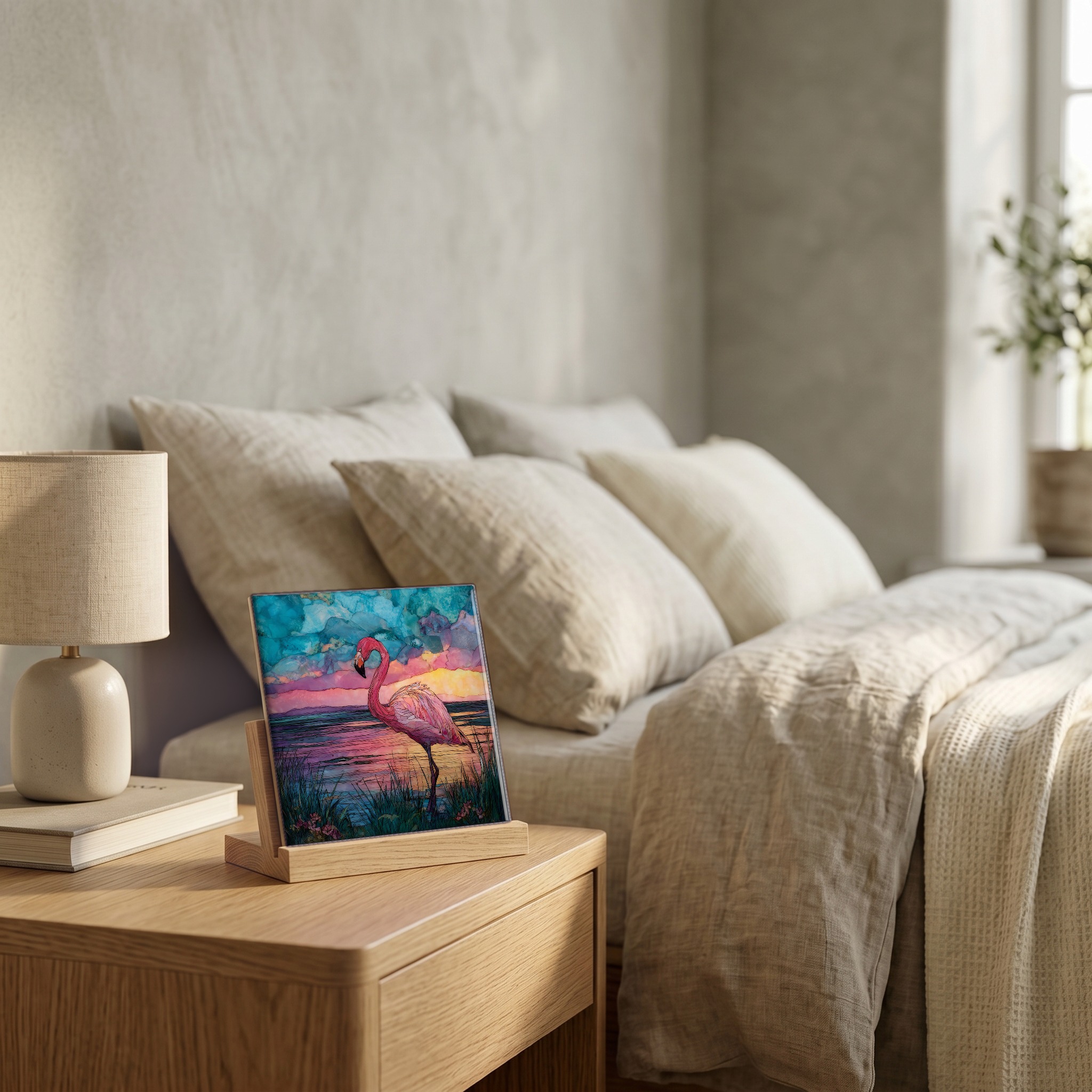 On the nightstand, on a light oak stand.
