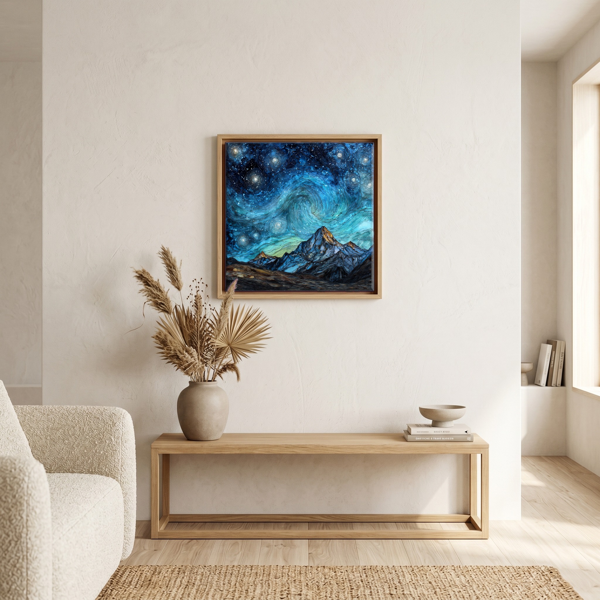 Above the bench, in a warm oak surround.