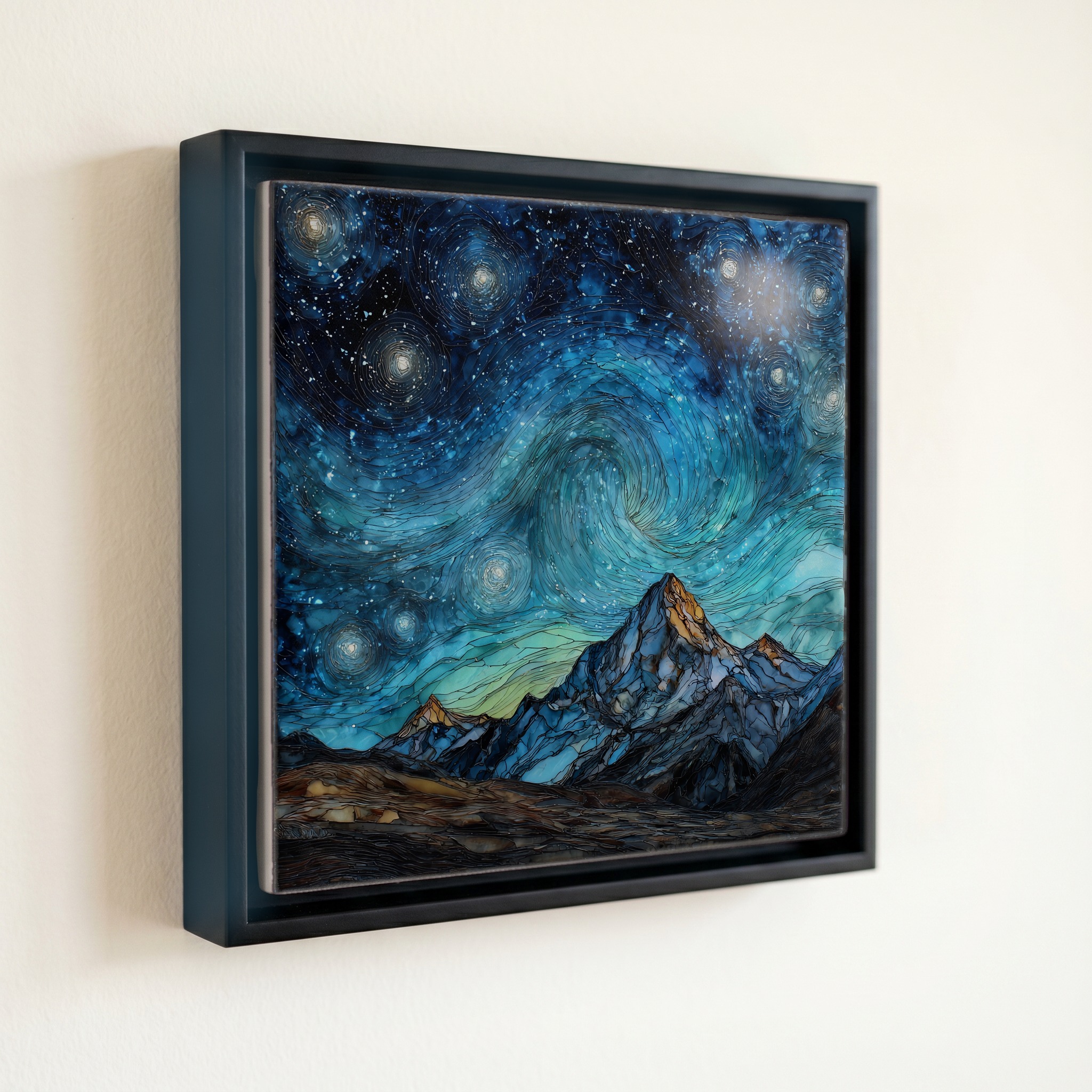 shown in a slim black floating frame · 6 × 6 in