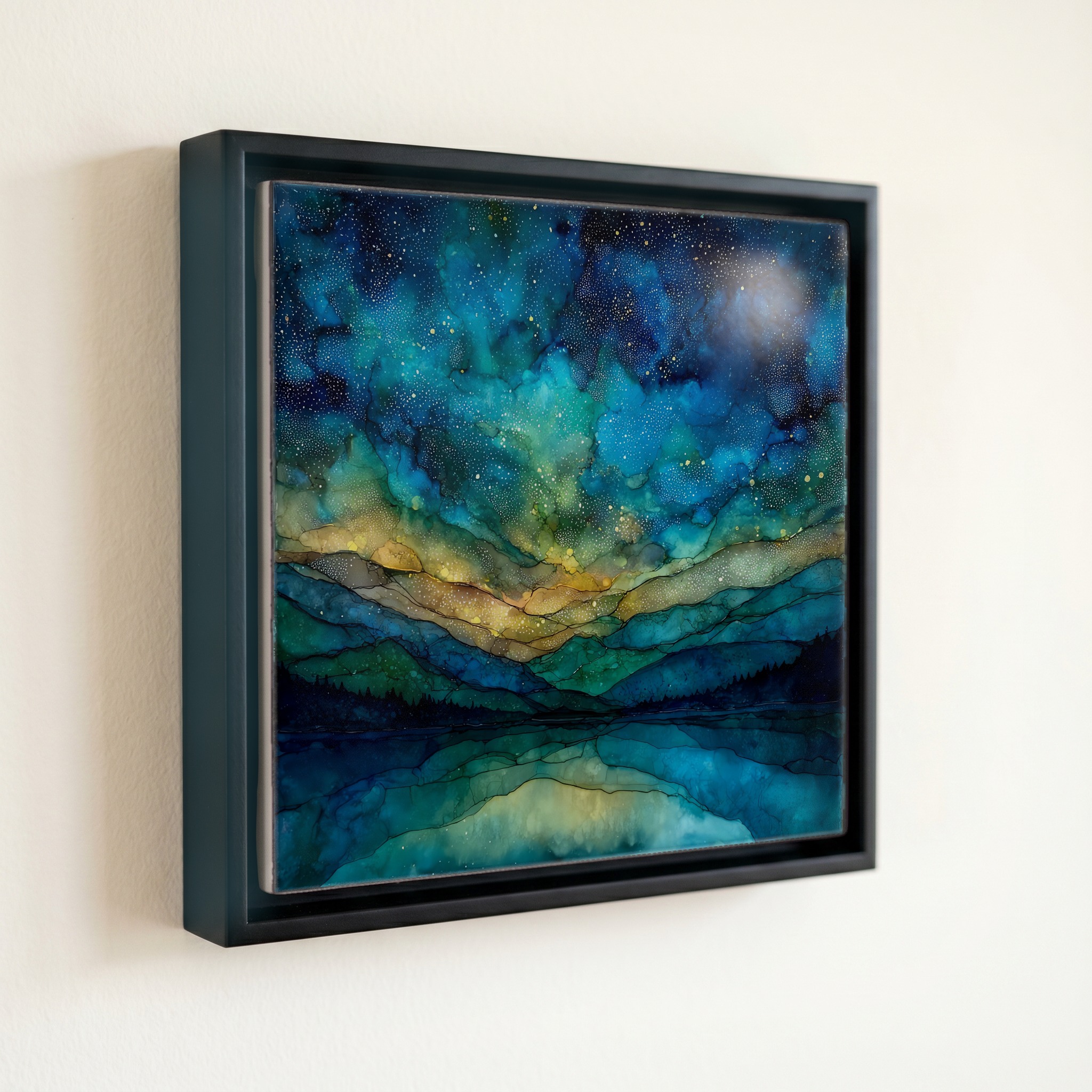 shown in a slim black floating frame · 6 × 6 in