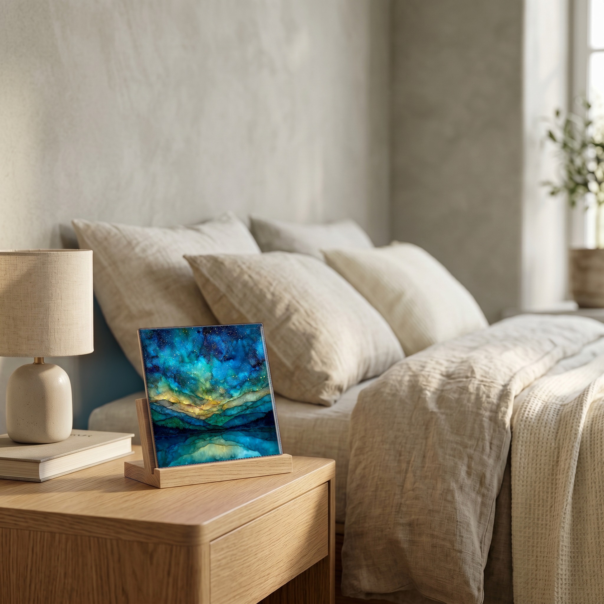 On the nightstand, on a light oak stand.
