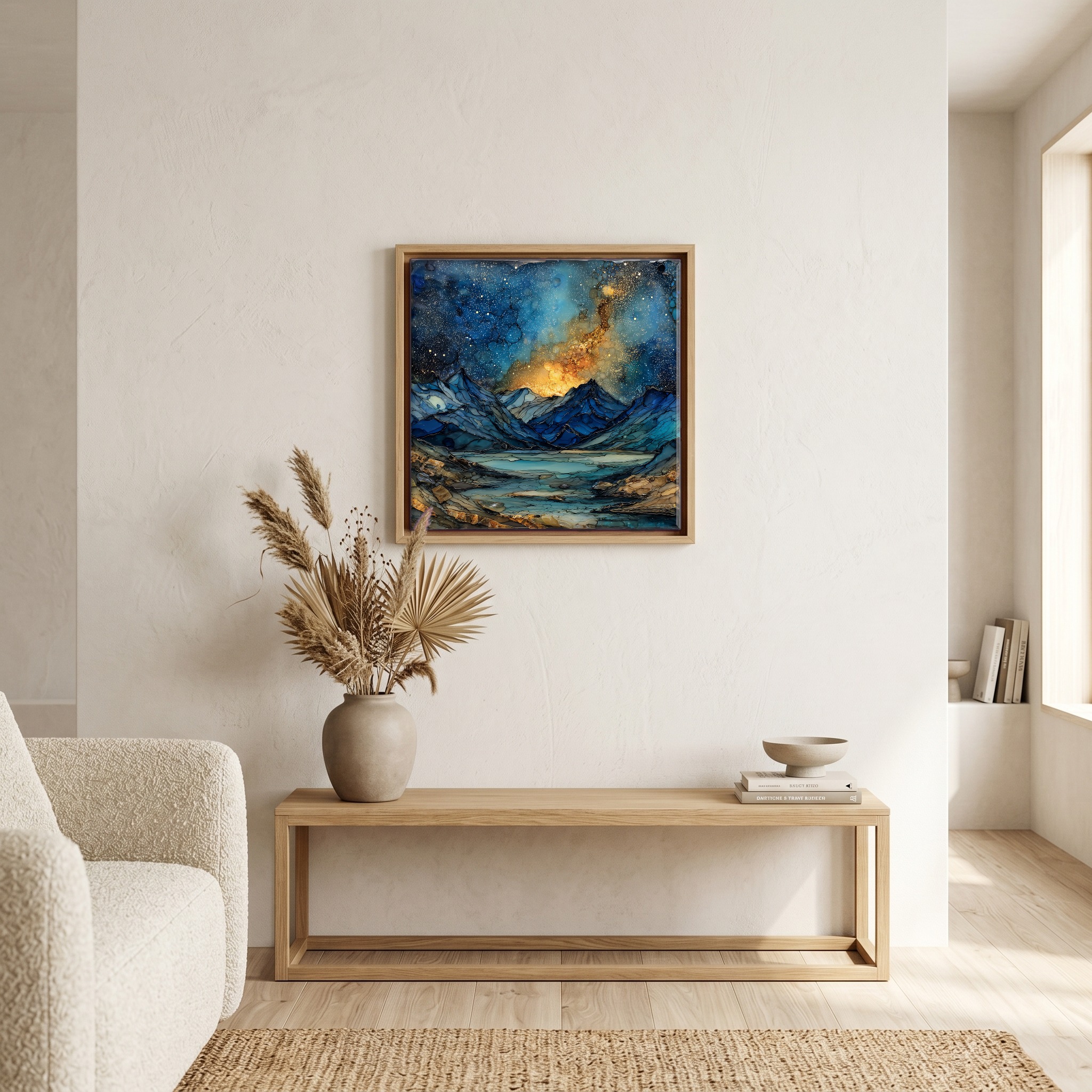 Above the bench, in a warm oak surround.