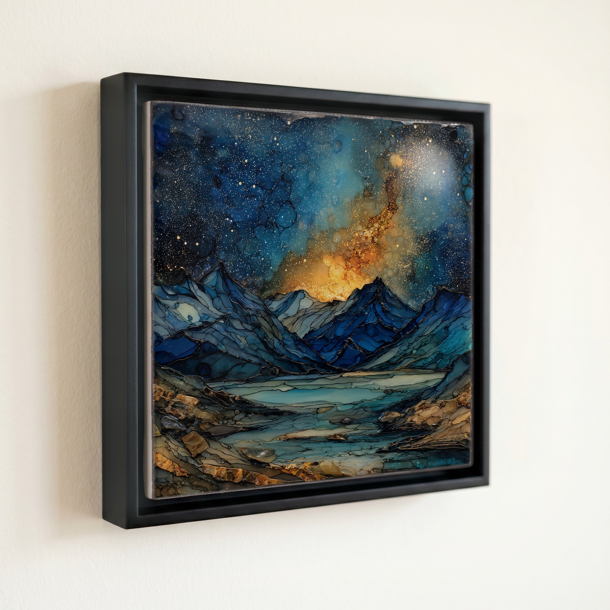 shown in a slim black floating frame · 6 × 6 in