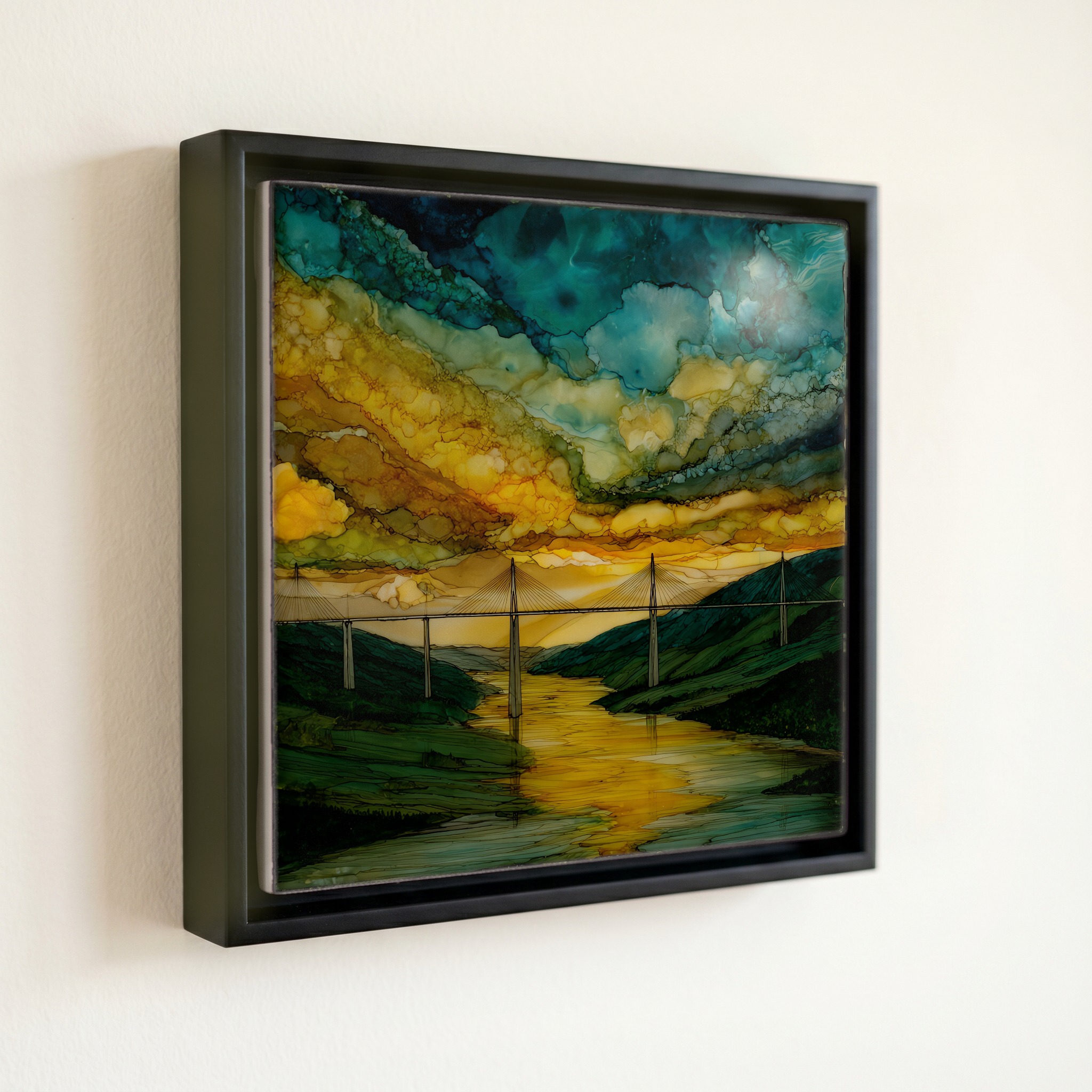 shown in a slim black floating frame · 6 × 6 in