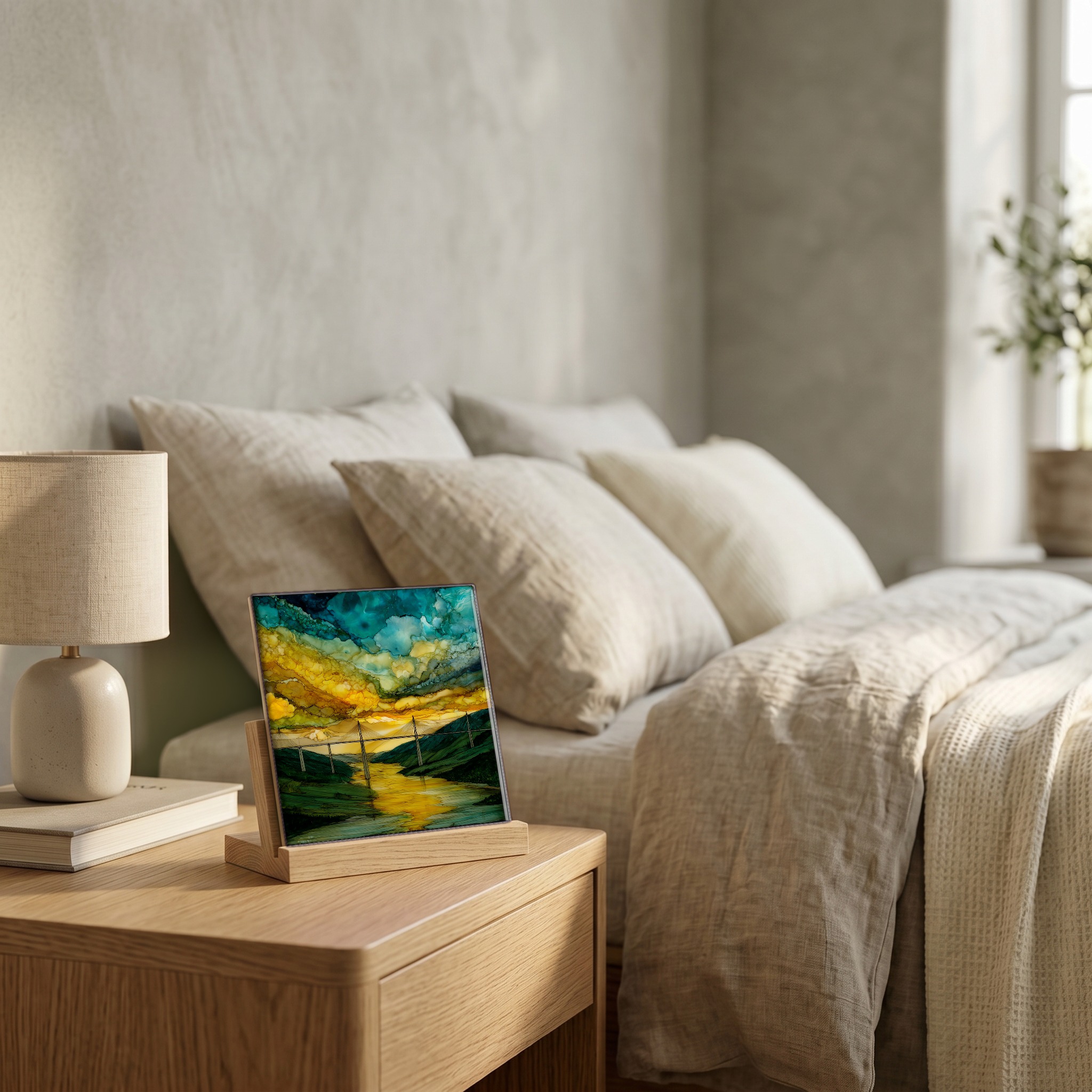 On the nightstand, on a light oak stand.