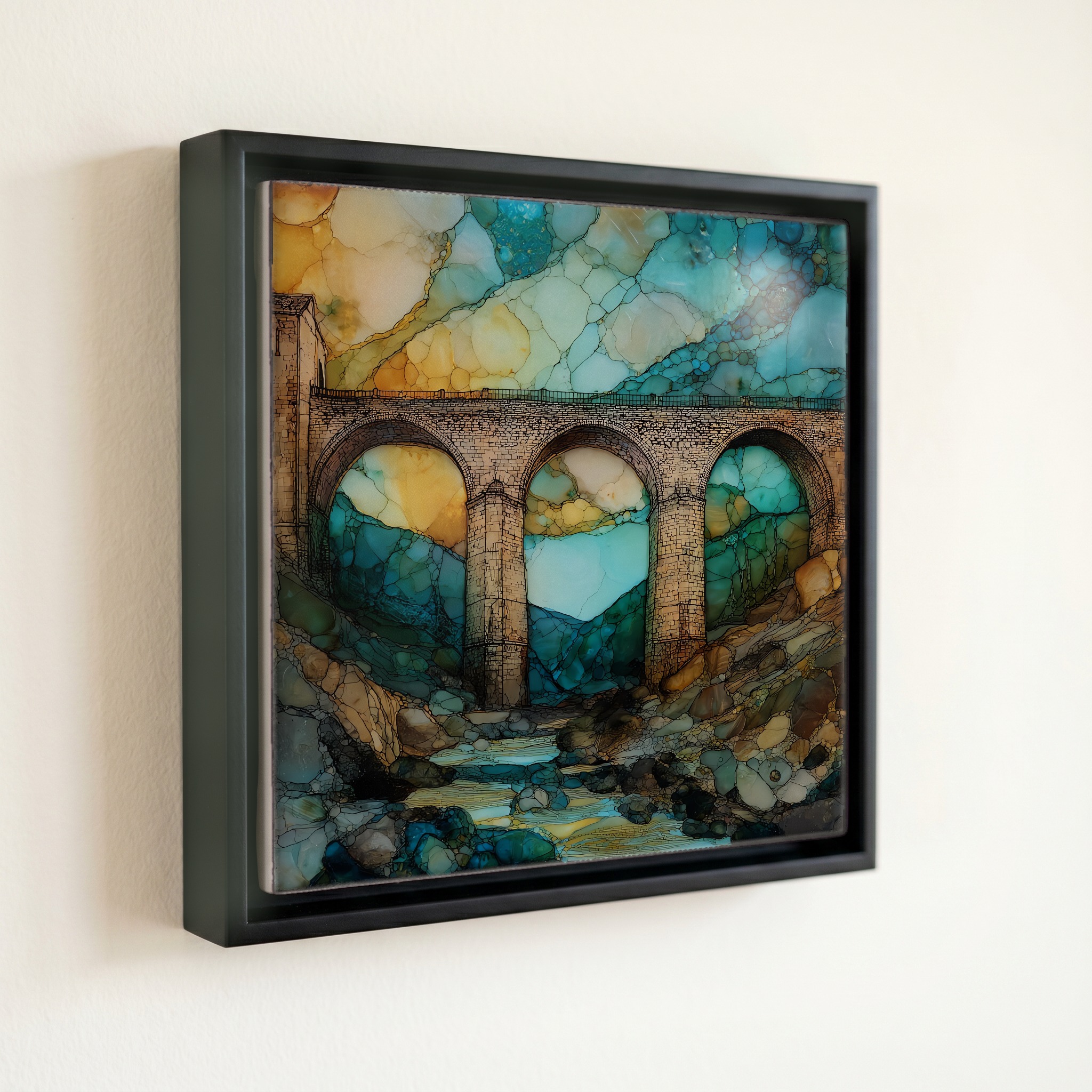 shown in a slim black floating frame · 6 × 6 in