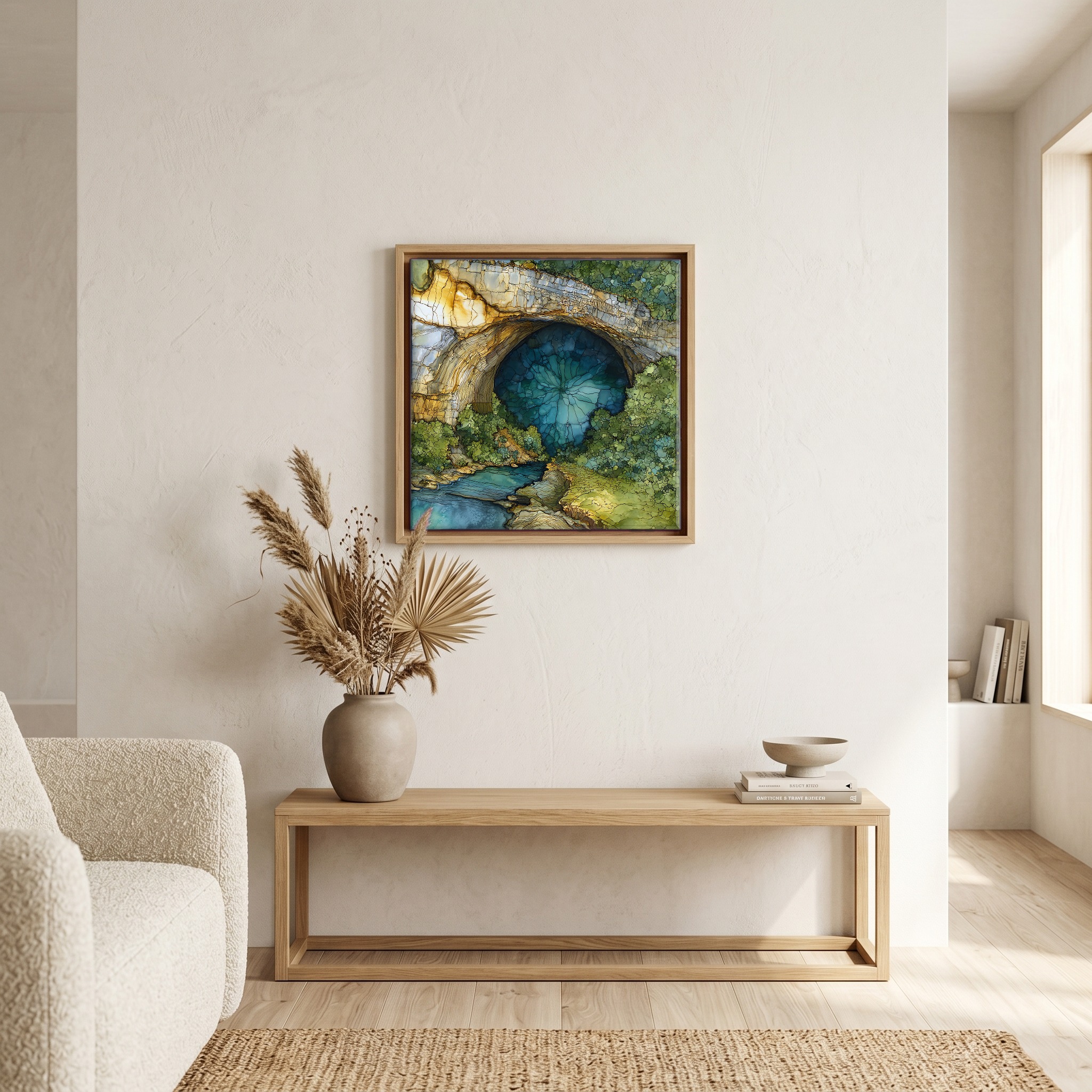 Above the bench, in a warm oak surround.
