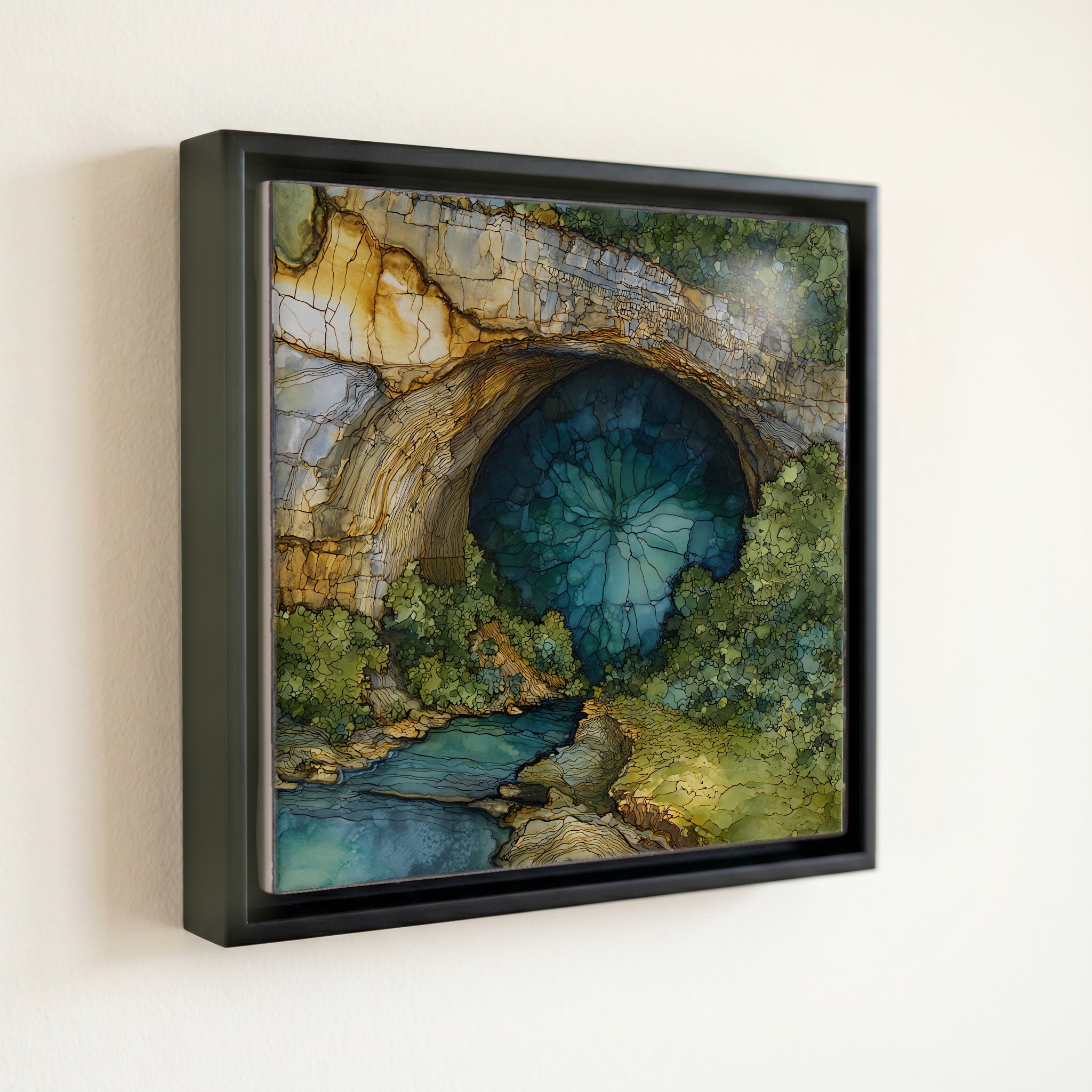 shown in a slim black floating frame · 6 × 6 in