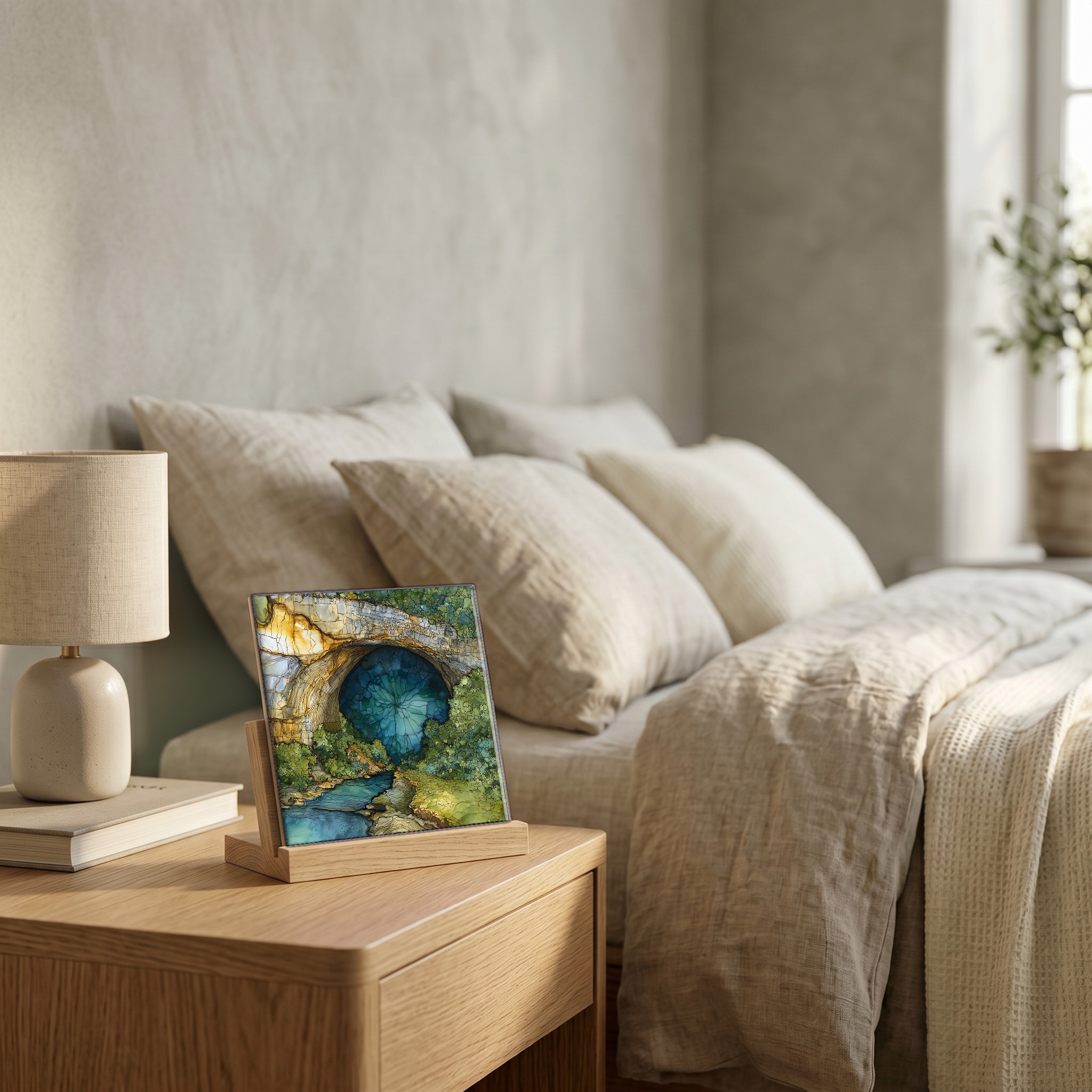 On the nightstand, on a light oak stand.