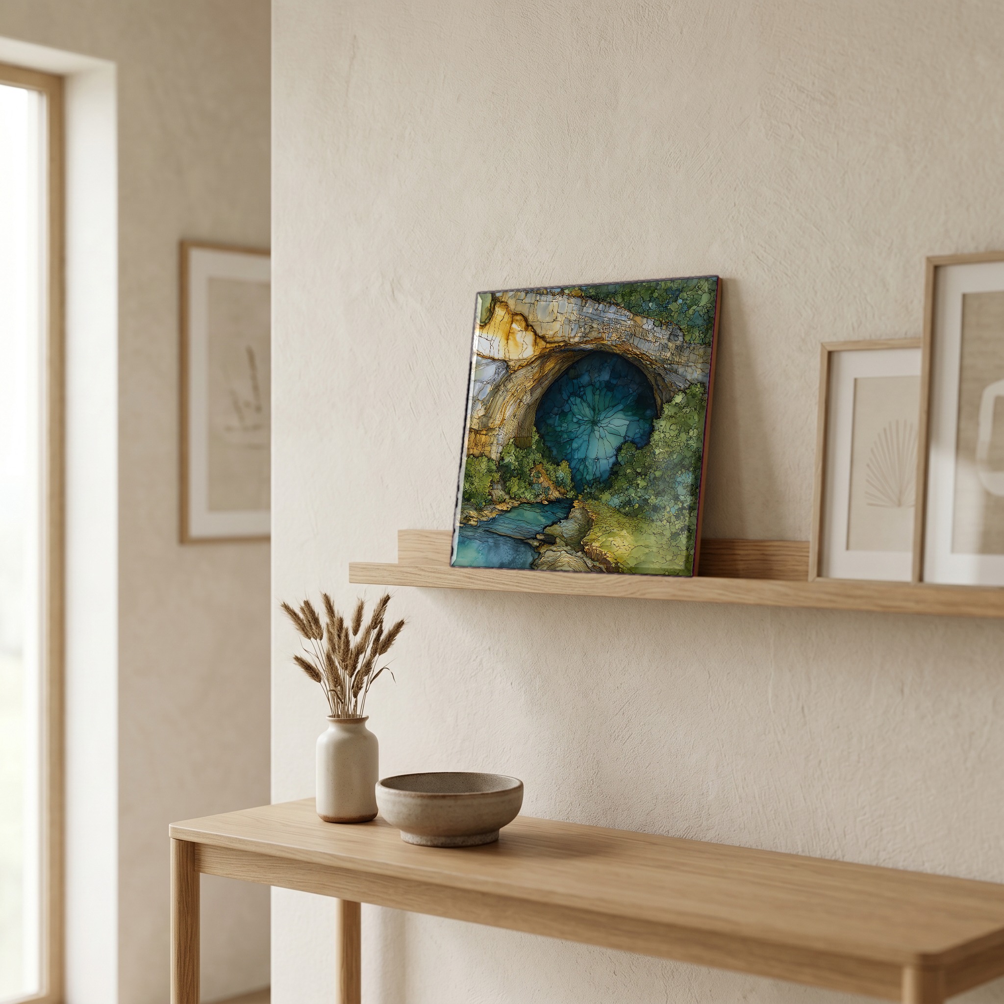 On a picture ledge, where the light comes in.