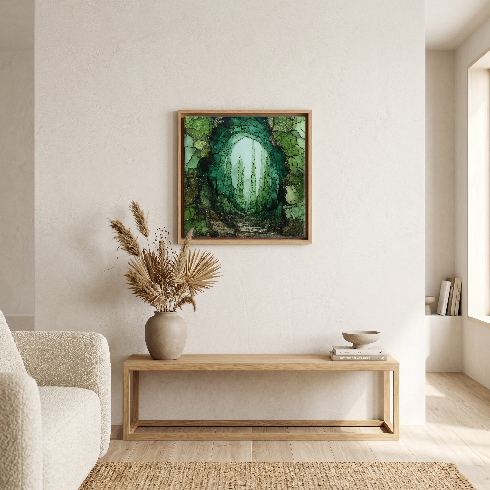 Above the bench, in a warm oak surround.