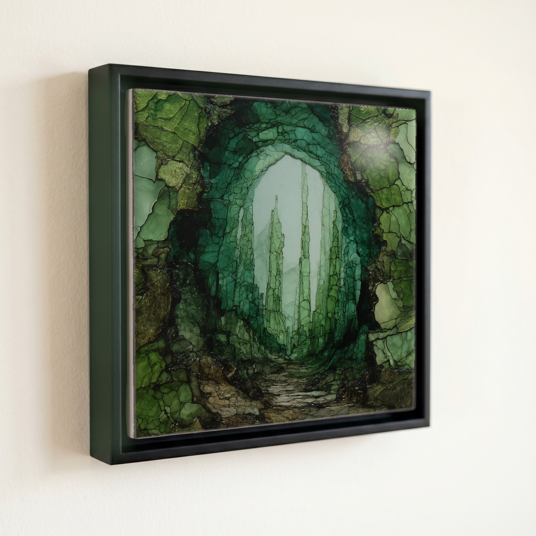 shown in a slim black floating frame · 6 × 6 in