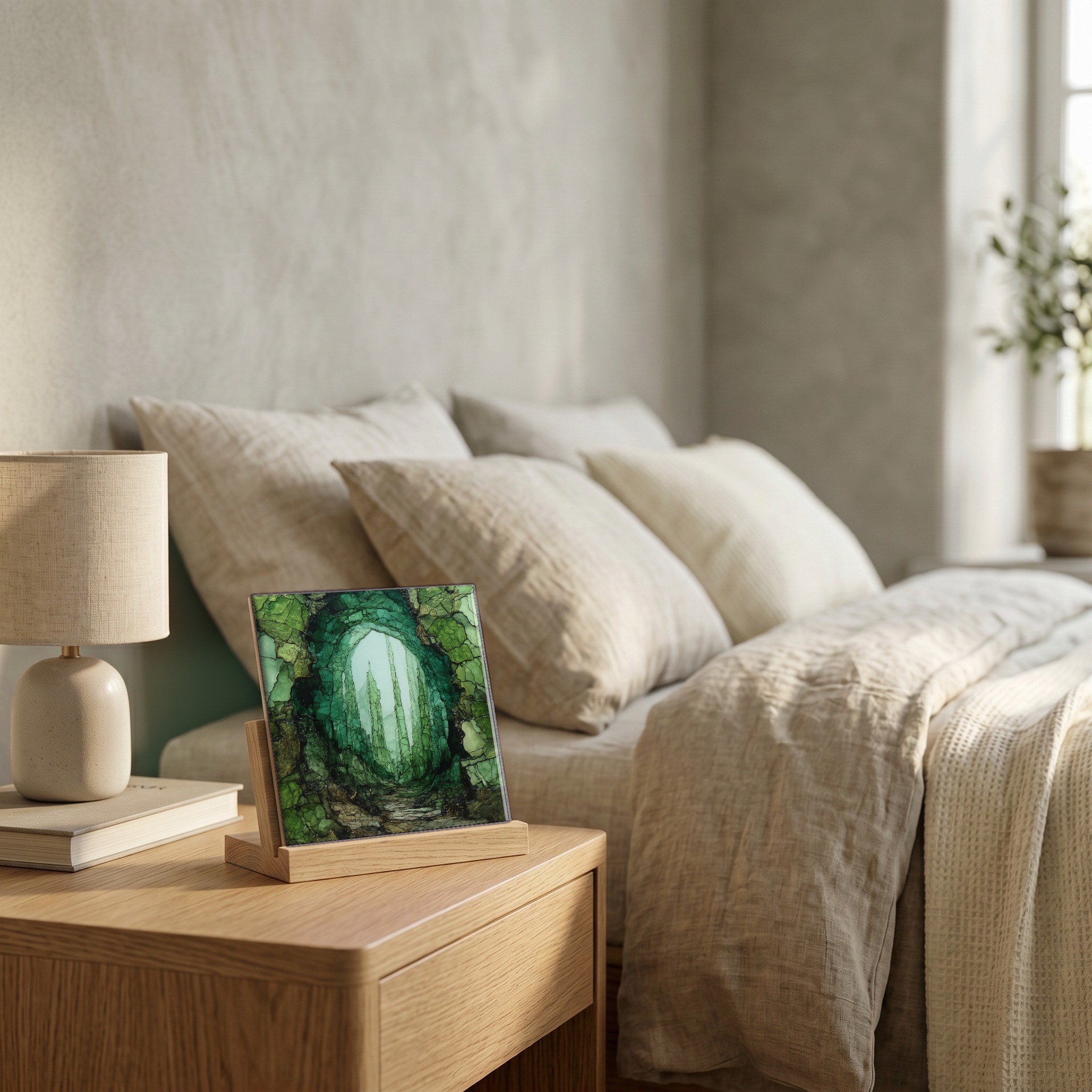 On the nightstand, on a light oak stand.