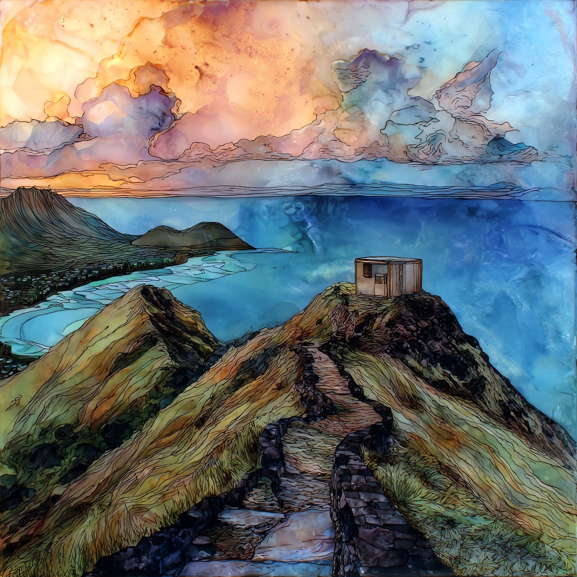 Lanikai Pillbox Sunrise Oahu Ceramic Art Tile