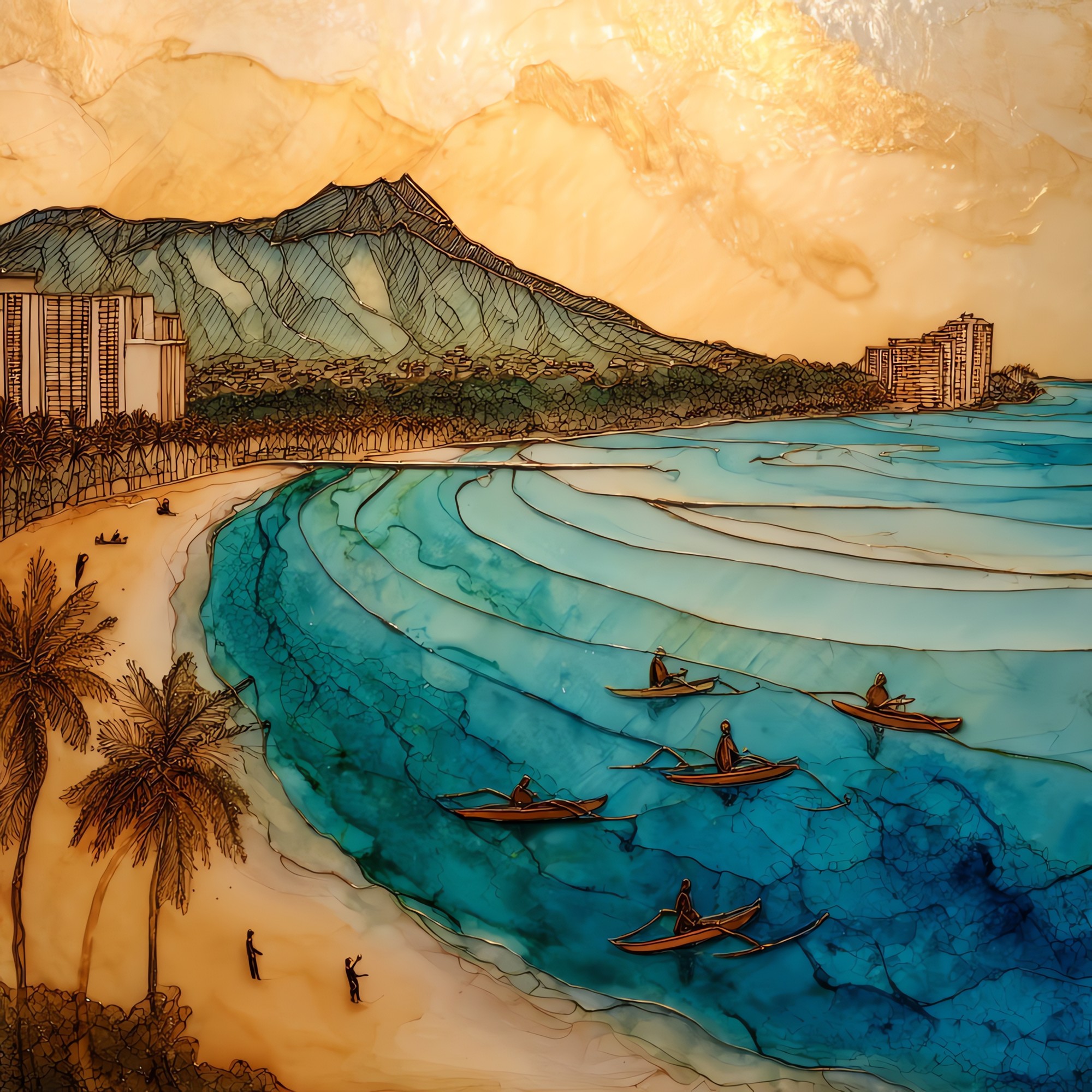 Waikiki Diamond Head Oahu Ceramic Art Tile