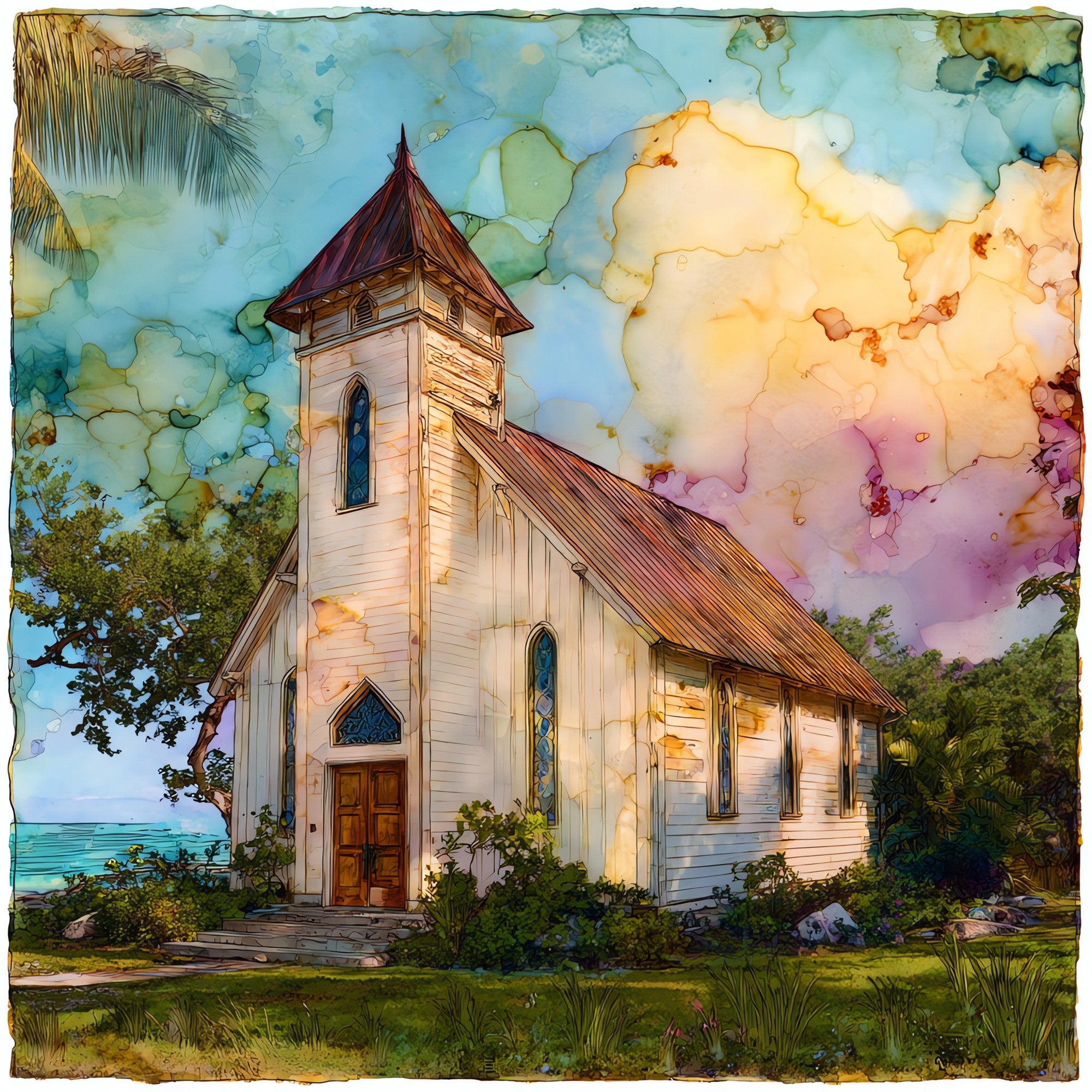 Painted Church Big Island Ceramic Art Tile