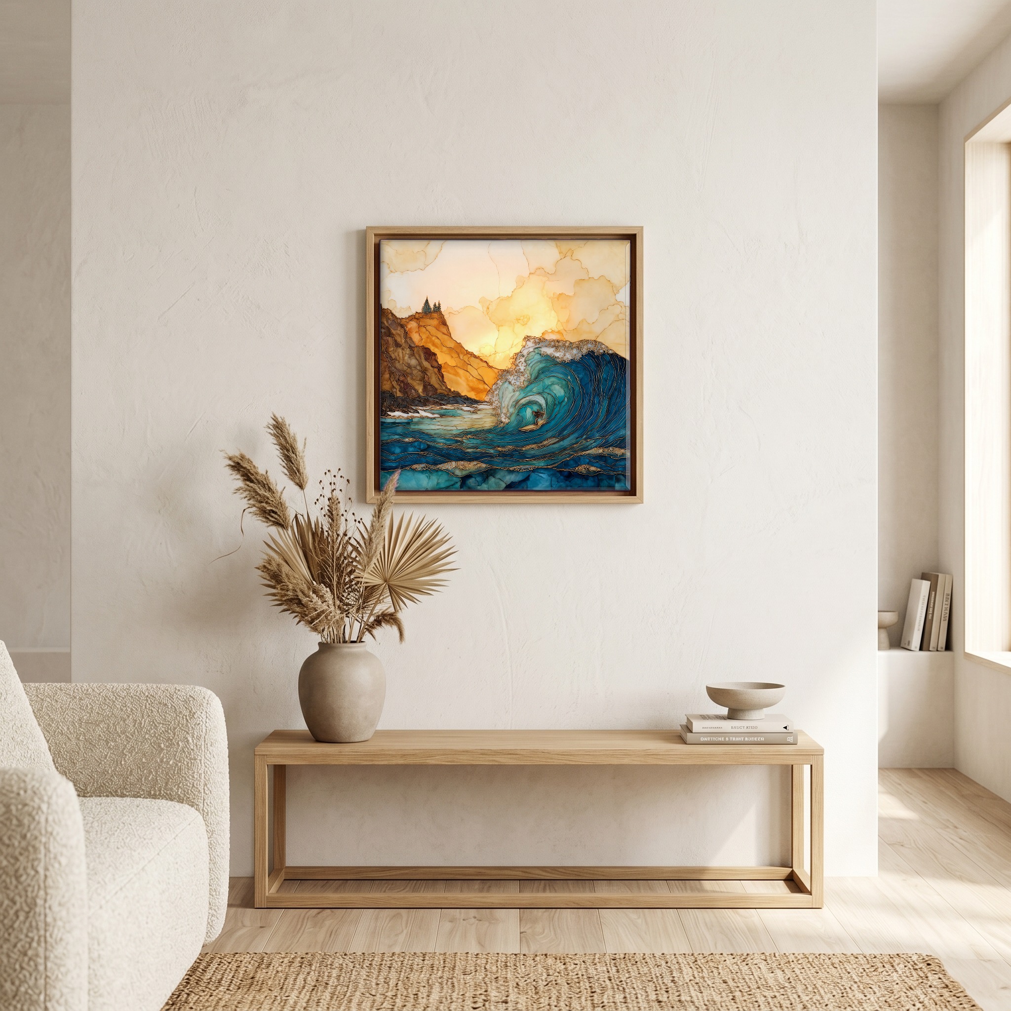 Above the bench, in a warm oak surround.